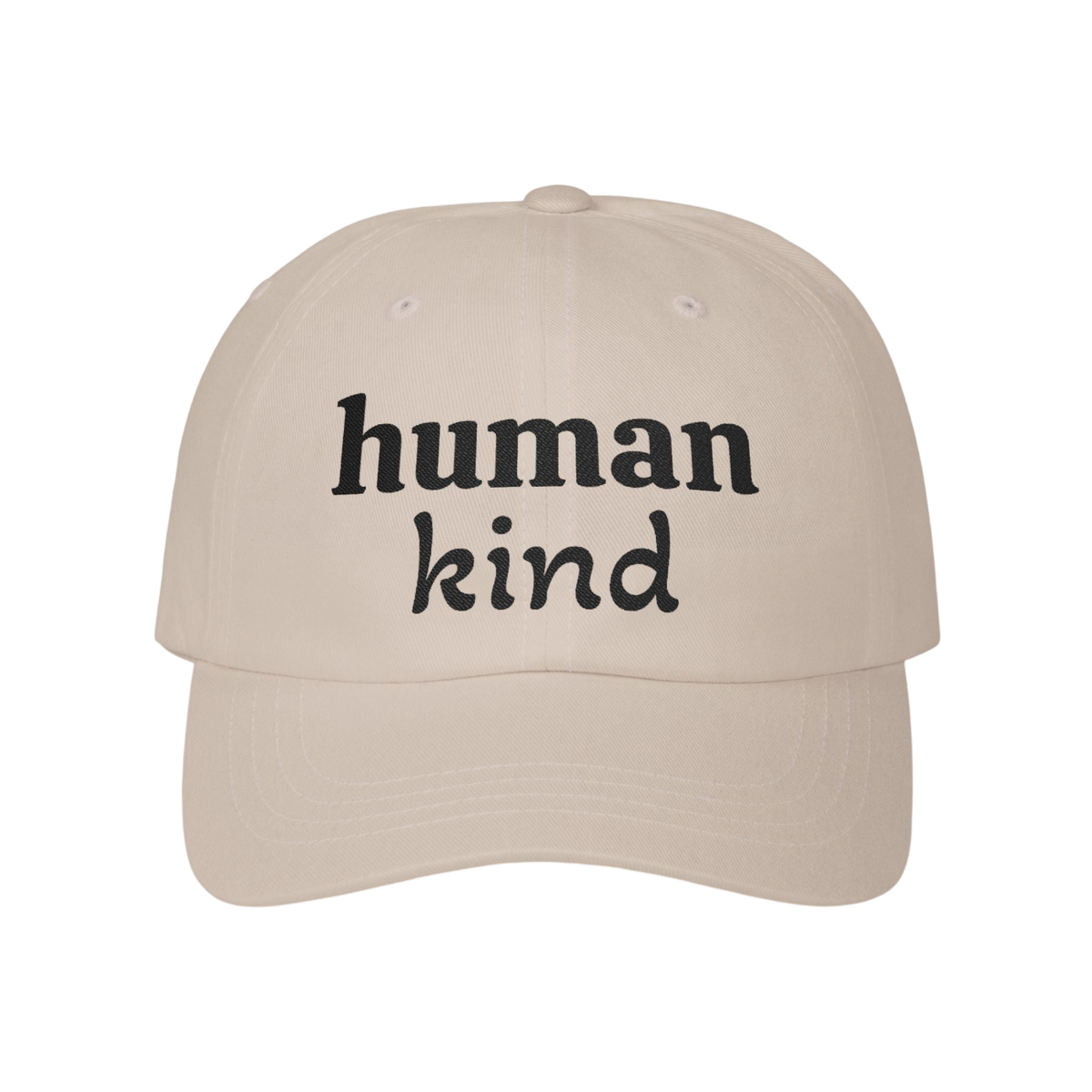 A beige baseball cap with the words 'human kind' printed in black lowercase serif font on the front, shown against a plain white background.