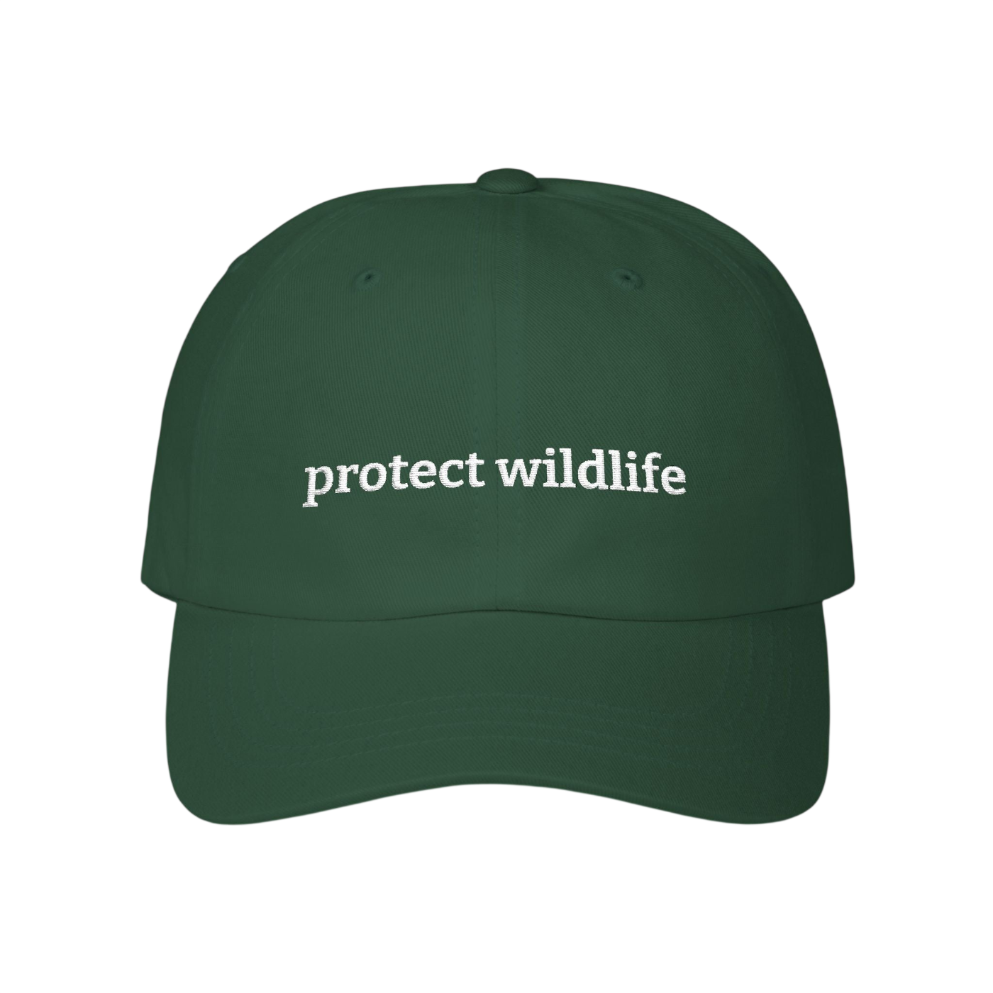 A dark green baseball cap with the phrase 'protect wildlife' printed in white lowercase serif text across the front, shown on a plain white background.