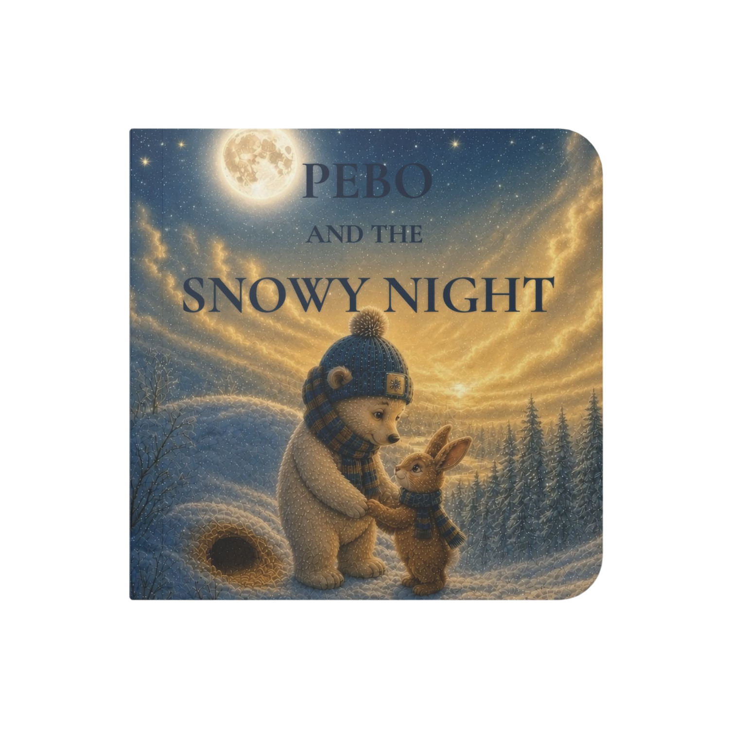 A square art print or book cover featuring a snowy night scene with a bear and a rabbit under a full moon. The text 'PEBO AND THE SNOWY NIGHT' is printed across the top.
