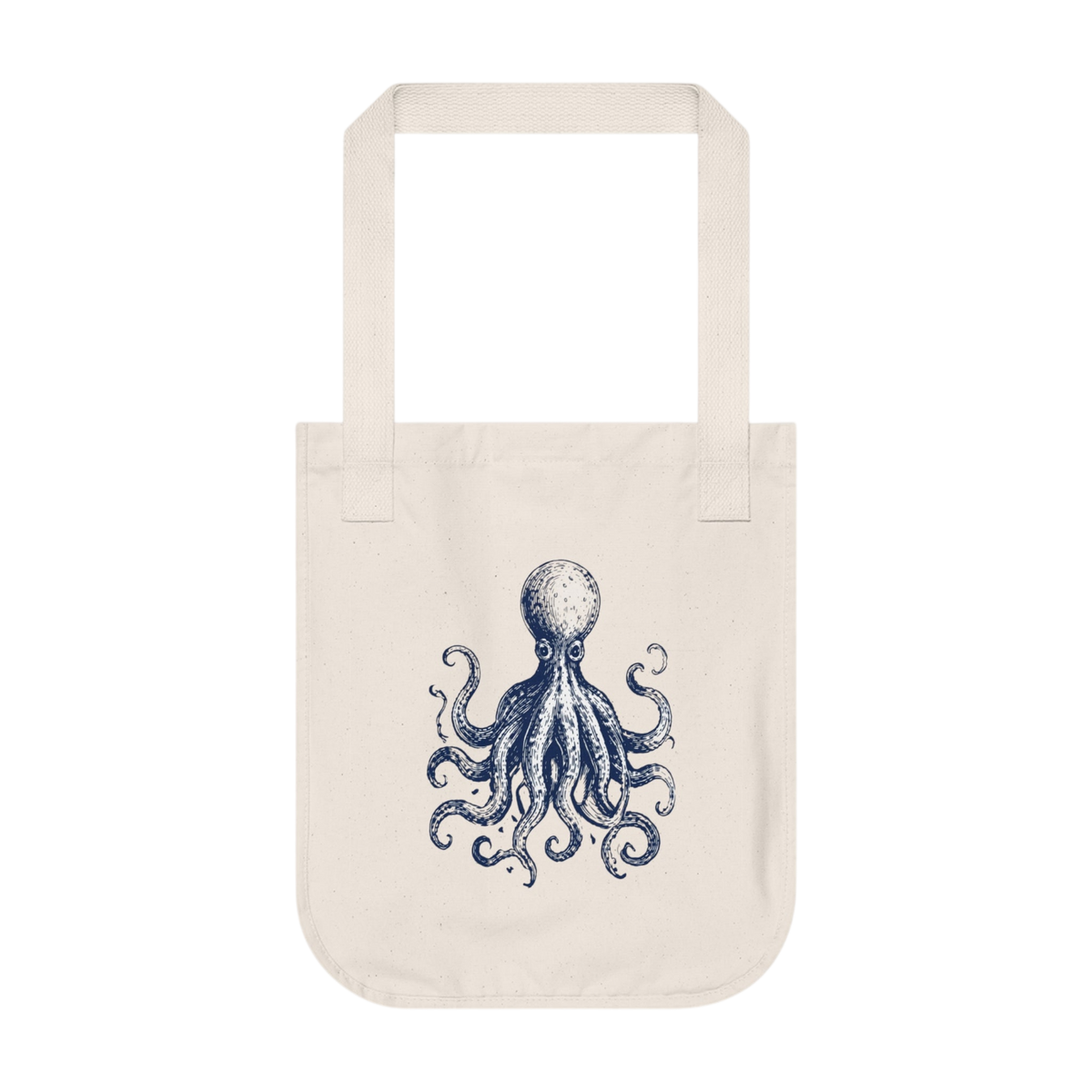 An off-white canvas tote bag with a blue octopus illustration printed on the front, set against a plain white background.