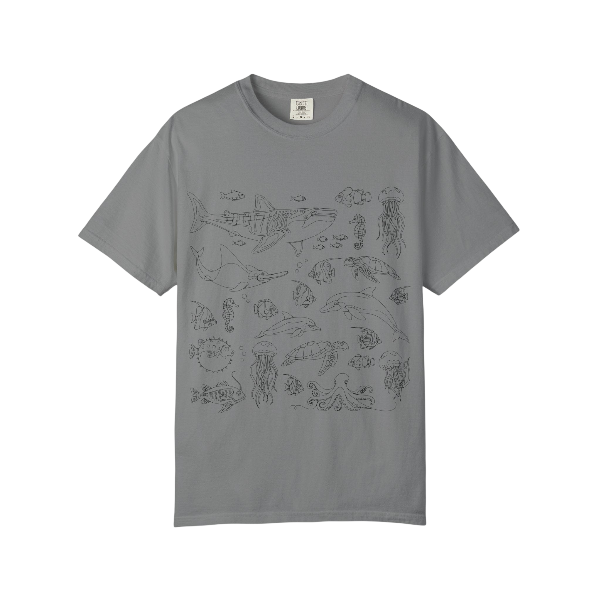 Ocean Life Illustration T-Shirt — Marine Creatures Line Art Tee