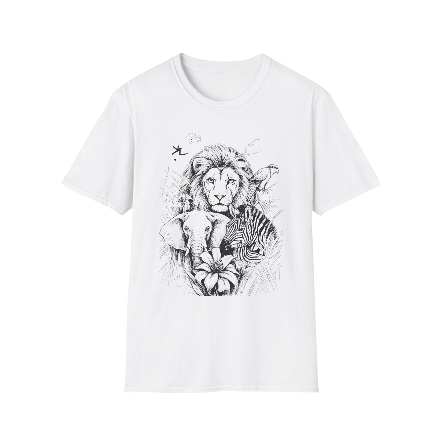 A white short-sleeve crewneck t-shirt featuring a detailed black line art graphic of a lion, elephant, zebra, and bird on the front, displayed against a solid white background.