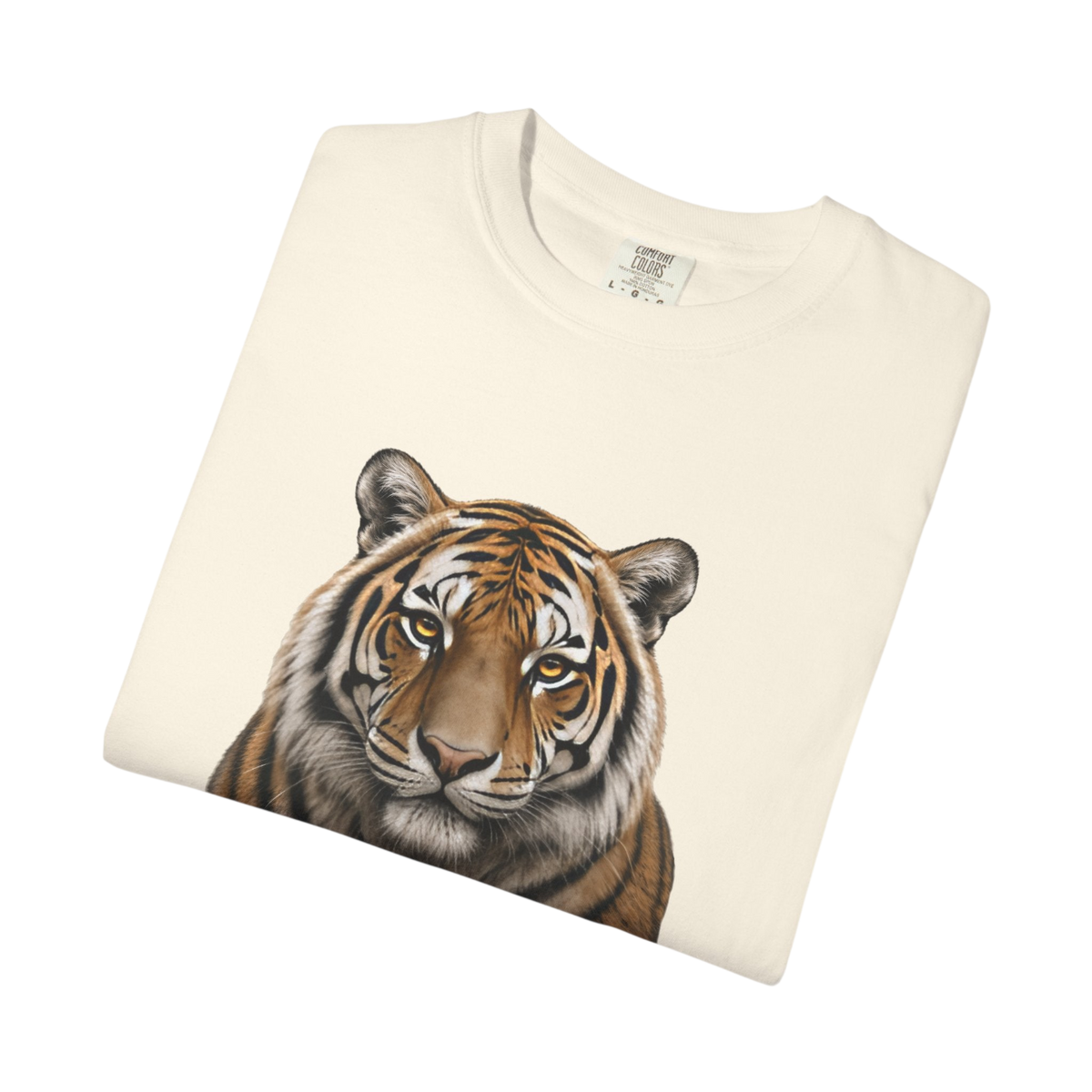 A folded cream-colored crewneck sweatshirt featuring a detailed graphic print of a tiger's face on the front, set against a plain white background.