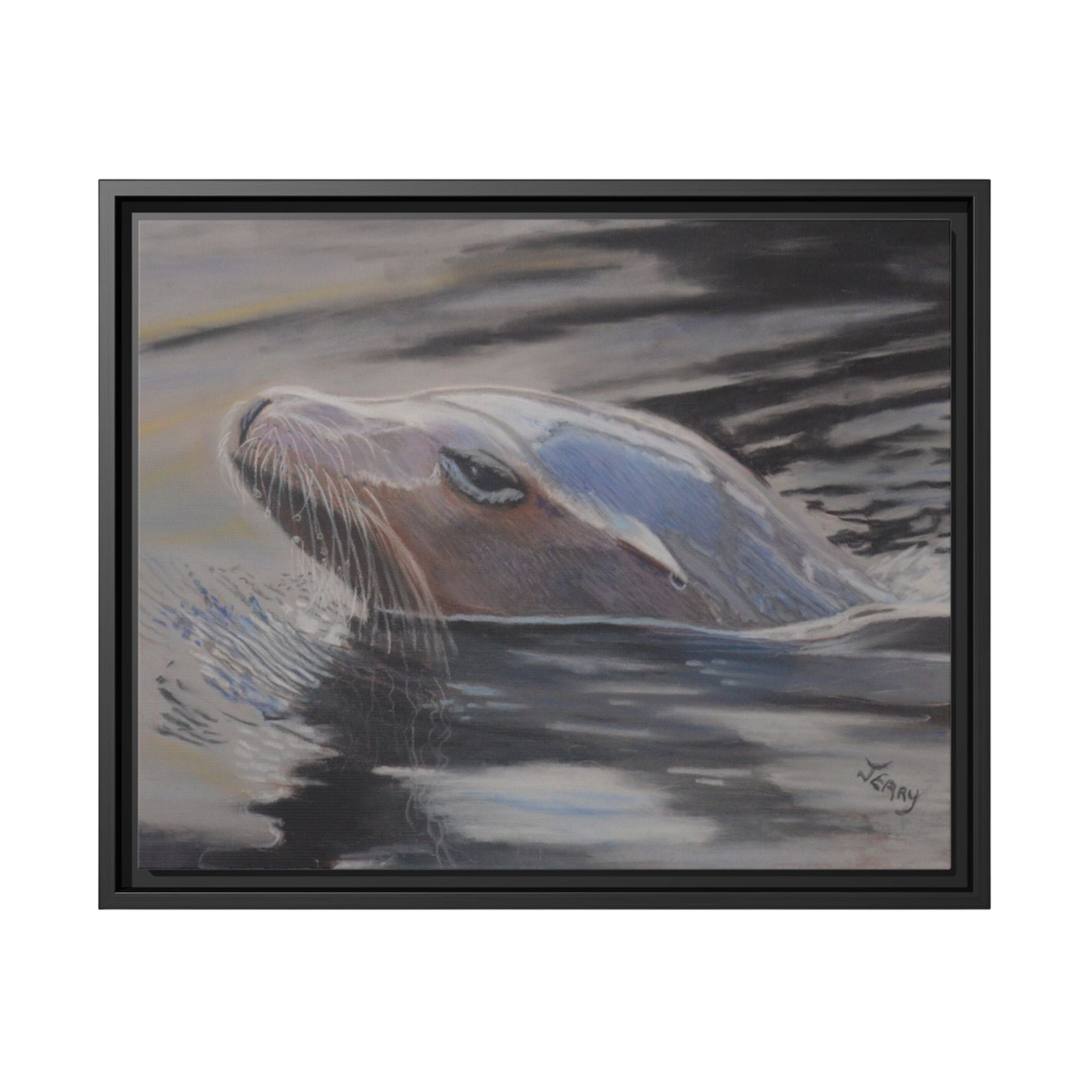 A framed painting of a sea lion surfacing in water, shown against a plain white background. The artwork features a dark frame and a signature in the lower right corner.