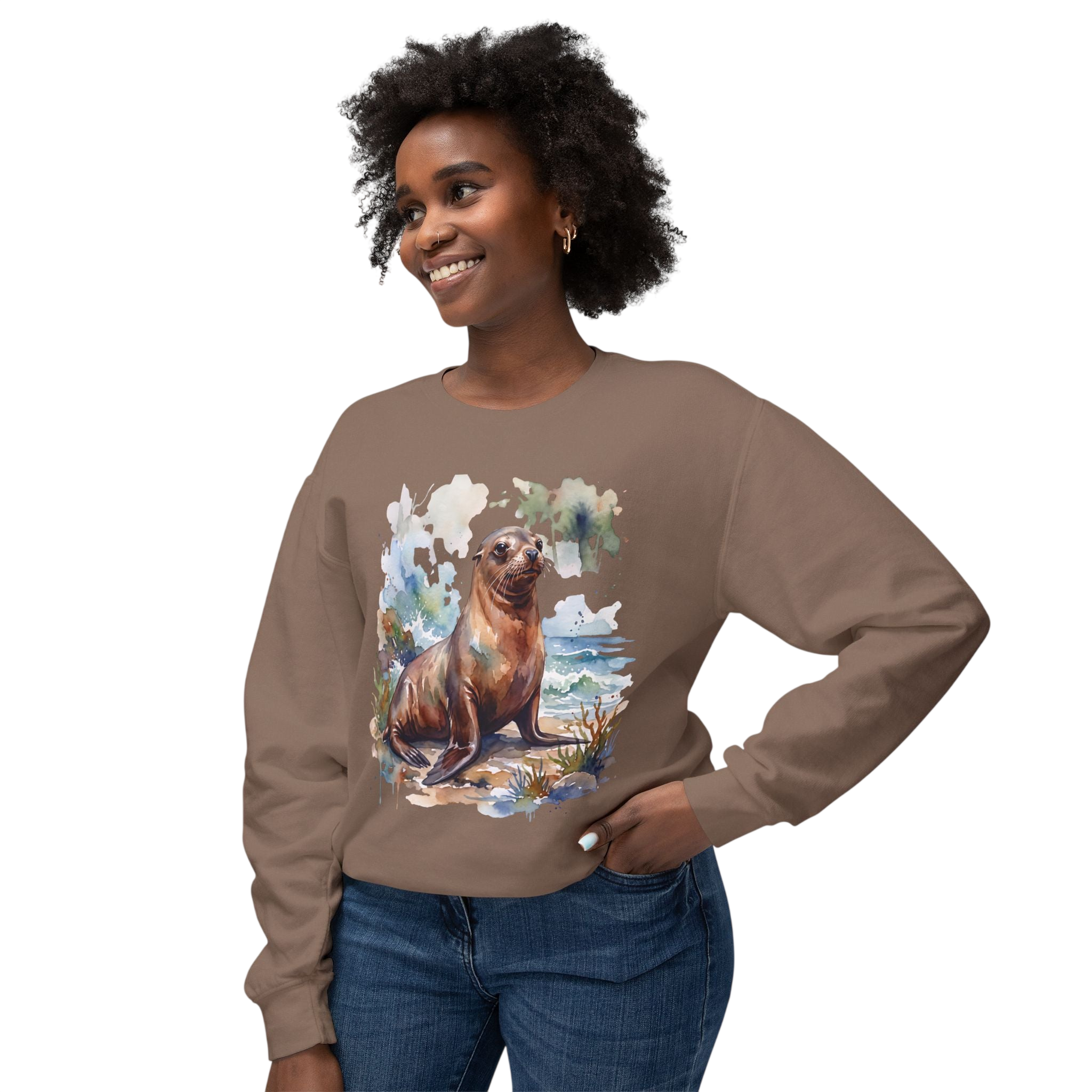 Sea Lion Watercolor Crewneck Sweatshirt — Espresso Coastal Animal Lover Pullover