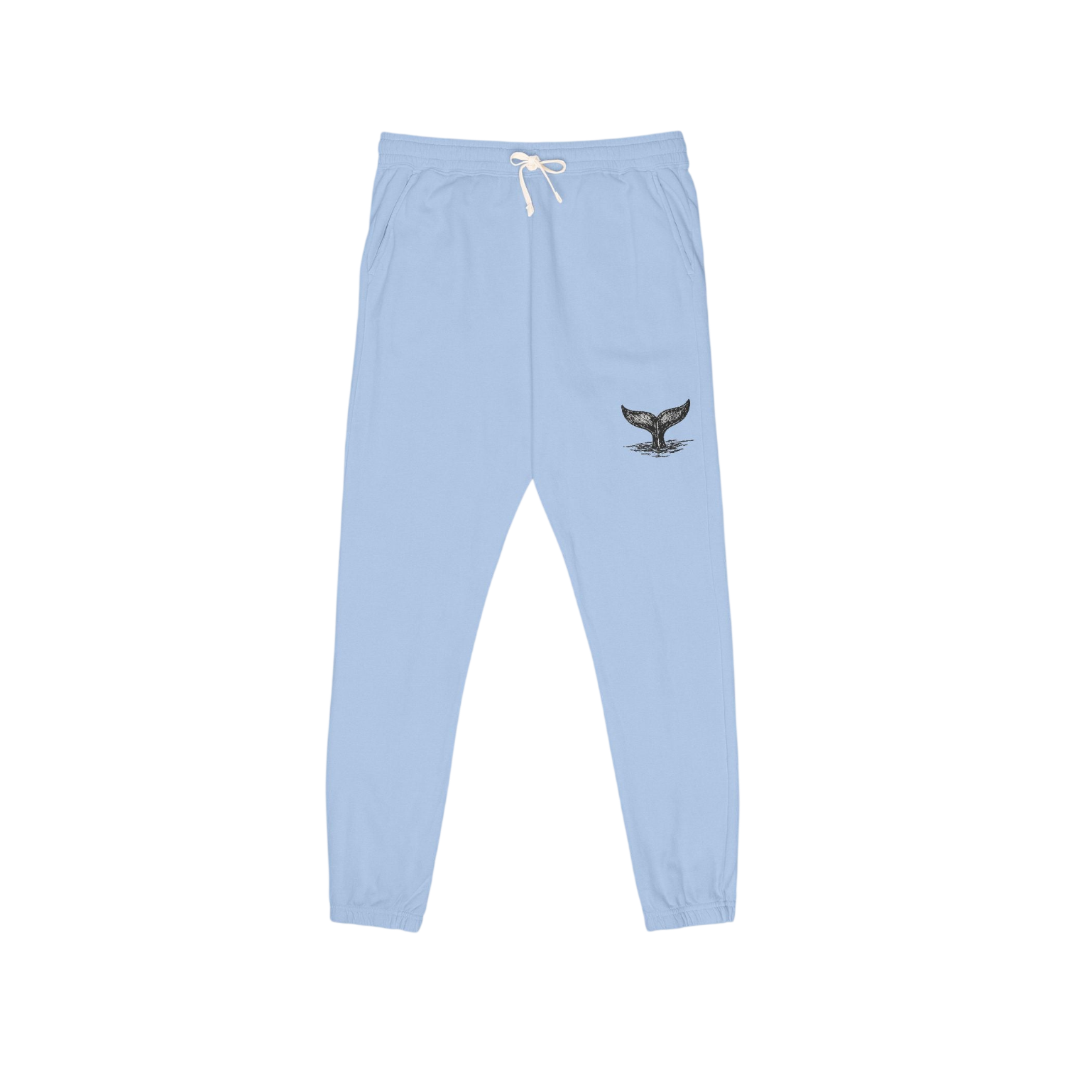 Light blue sweatpants with a white drawstring and a small black whale tail graphic on the left thigh, shown against a plain white background.