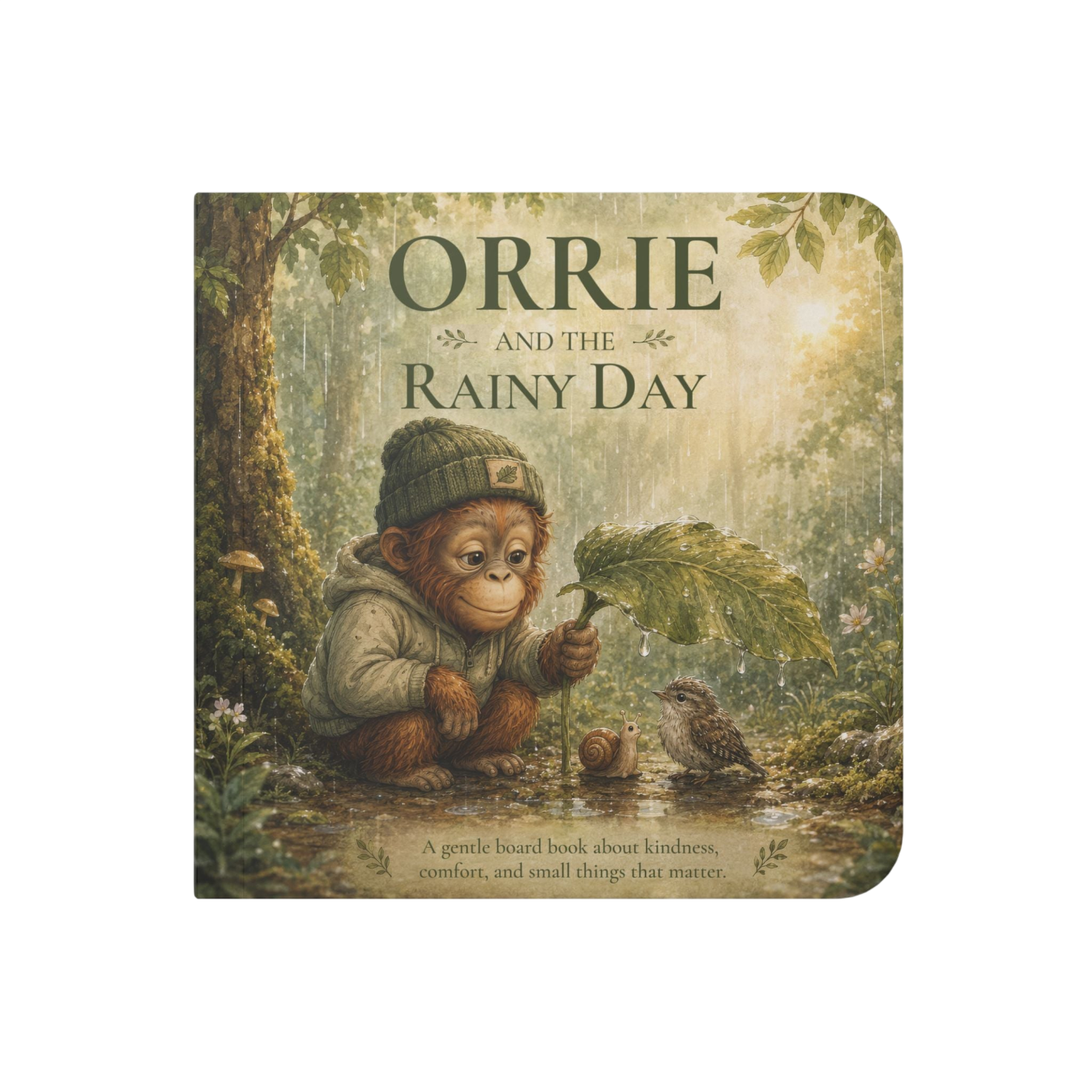 A square children's board book with rounded corners titled "ORRIE AND THE RAINY DAY," showing an illustrated scene of a small monkey sitting by rainwater and holding a leaf in a forest setting. The book is photographed against a plain white background.