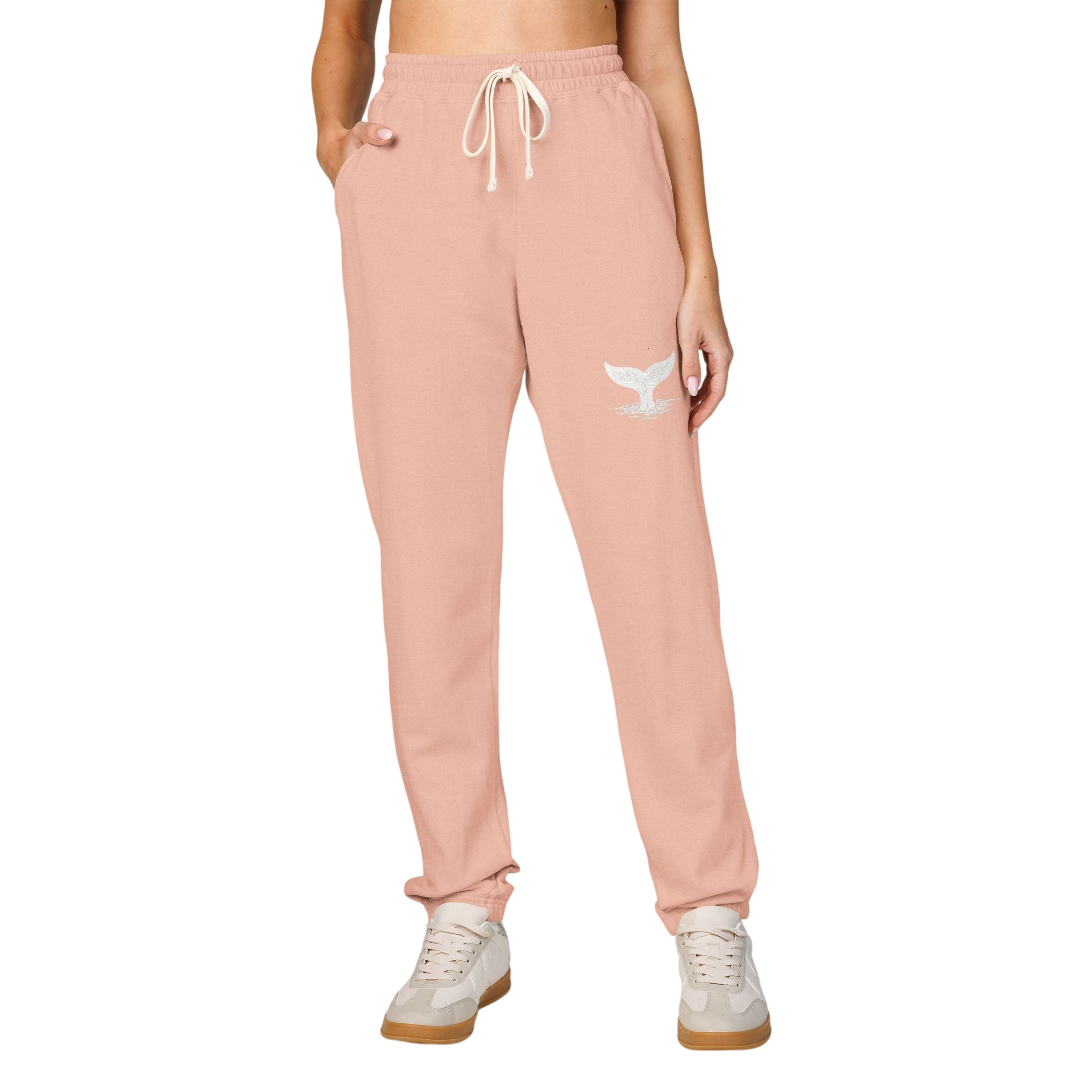 Rose Pink Fleece Sweatpants with Embroidered Whale Tail Logo — Cozy Casual Lounge Joggers