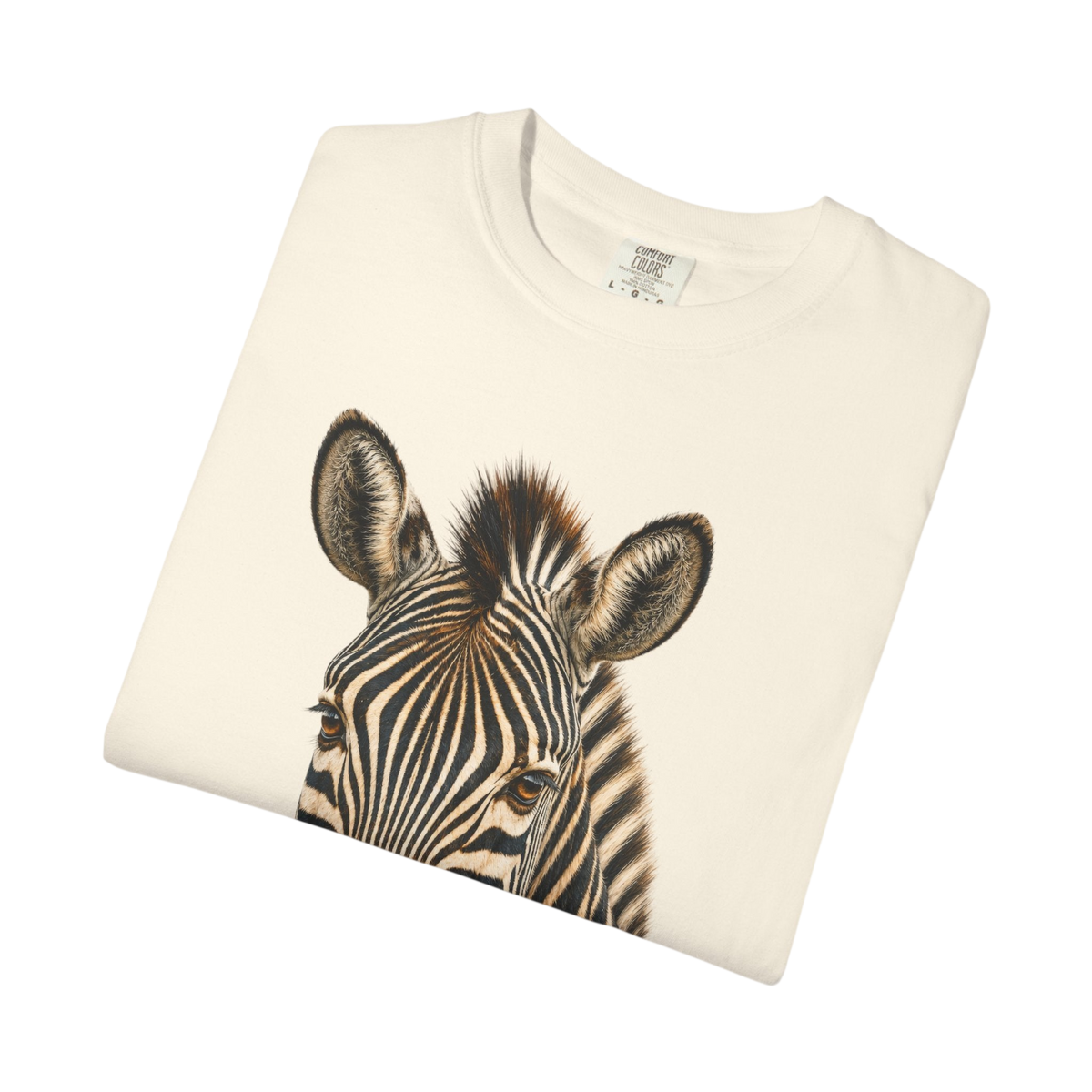  folded cream-colored crewneck sweatshirt featuring a detailed graphic print of a zebra's head on the front, set against a plain white background.