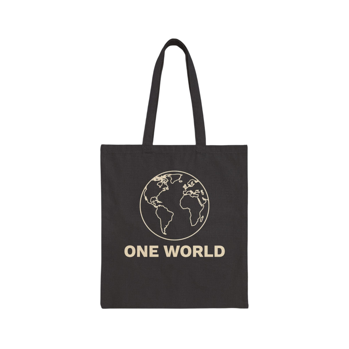 A black canvas tote bag with two handles, featuring a gold outline graphic of the Earth and the text 'ONE WORLD' printed below it, shown against a plain white background.