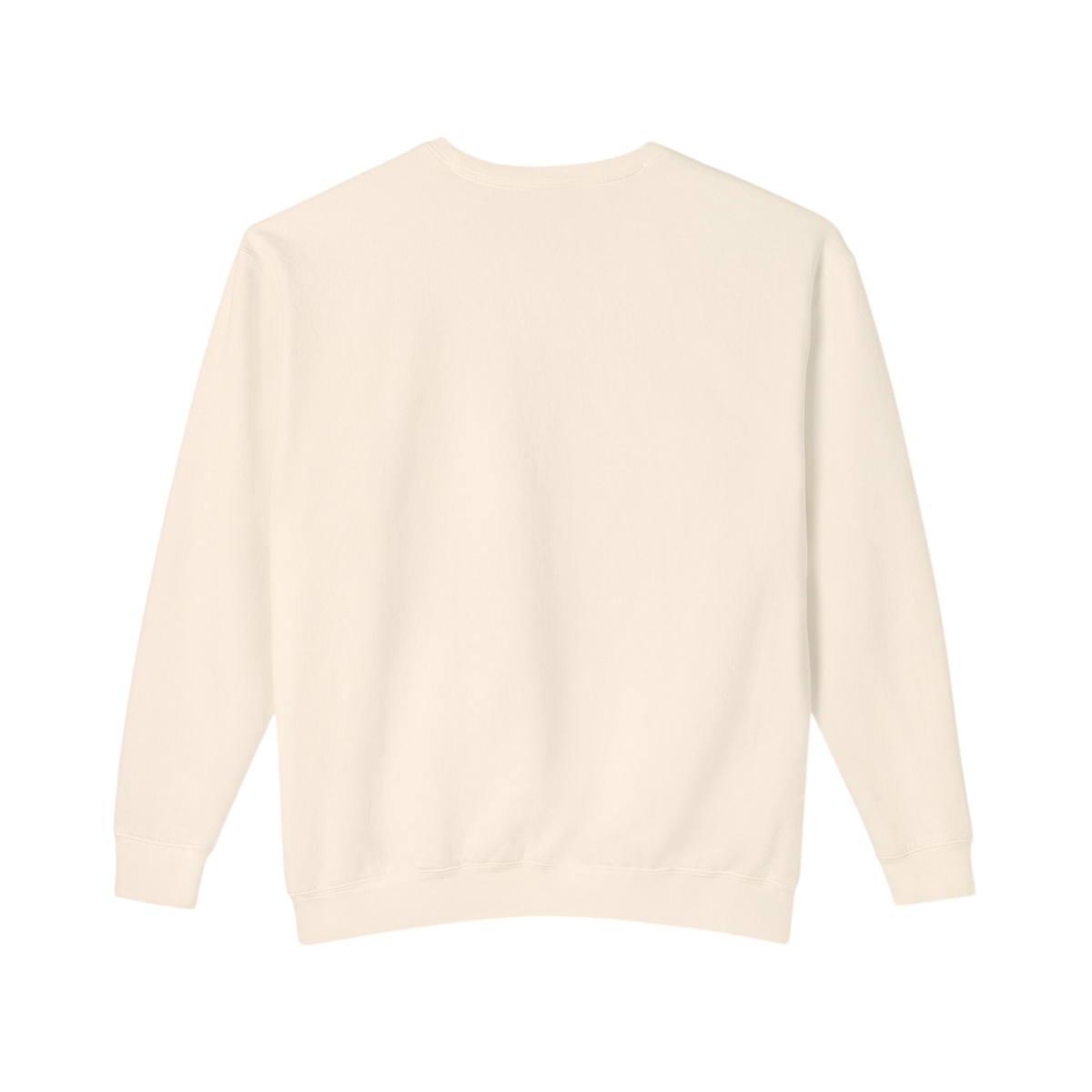 A plain cream-colored crewneck sweatshirt shown from the back, laid flat against a solid white background.