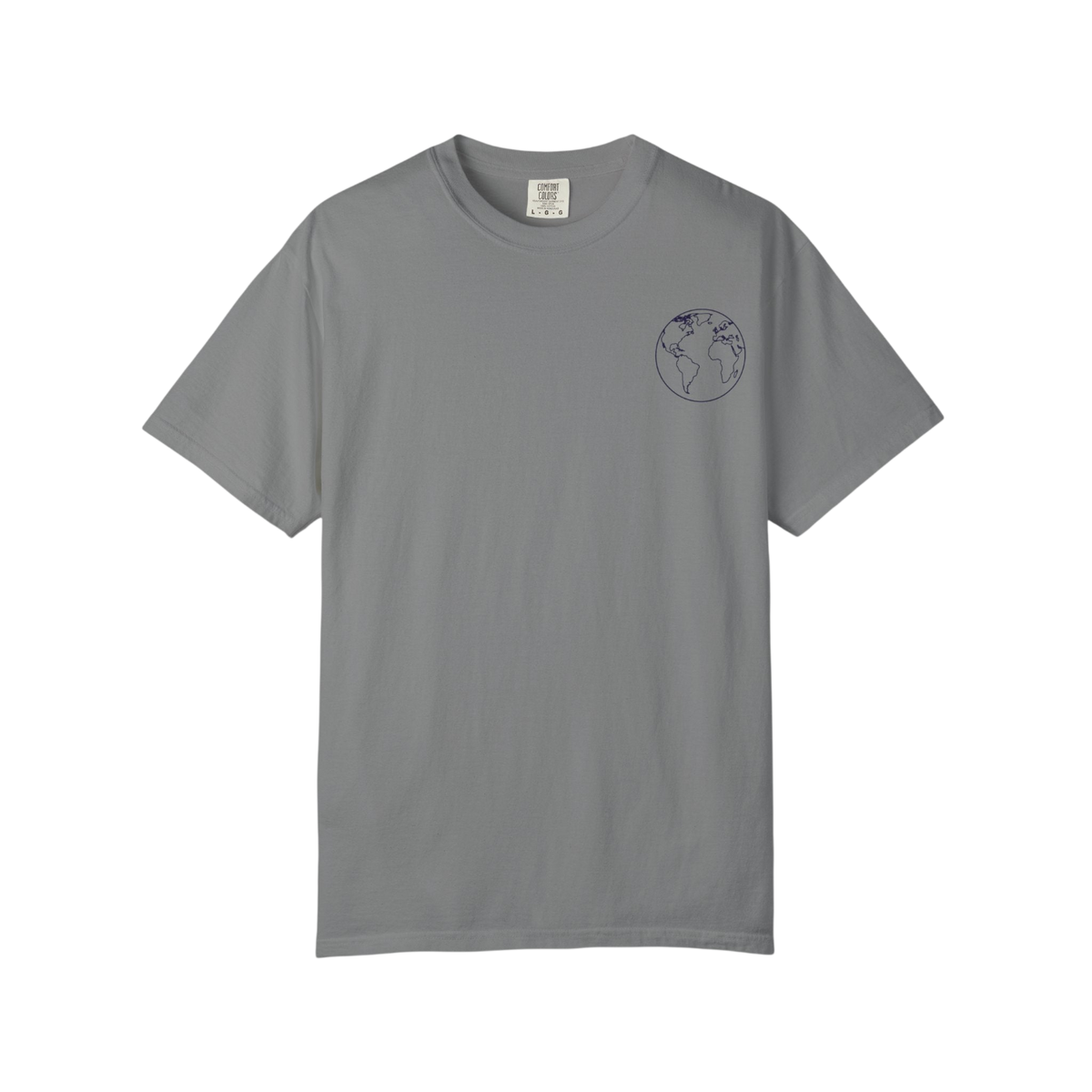 A gray short-sleeve crewneck t-shirt with a small dark blue globe graphic printed on the left chest, displayed on a solid white background.