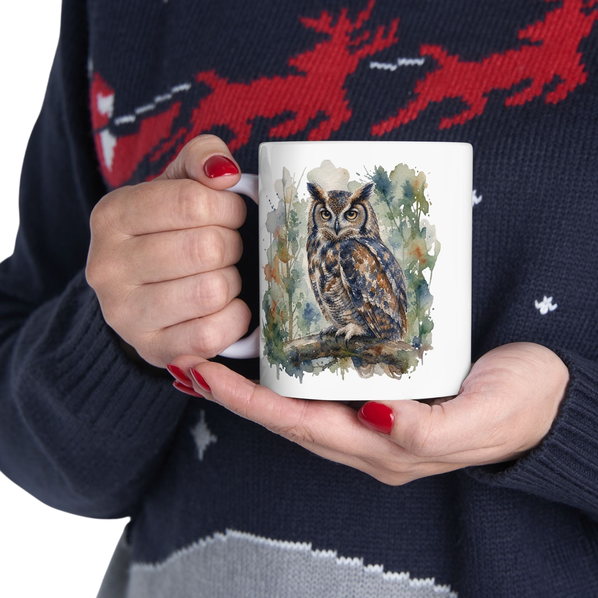 Watercolor Owl Ceramic Mug — Nature-Inspired Coffee Cup 11oz,
