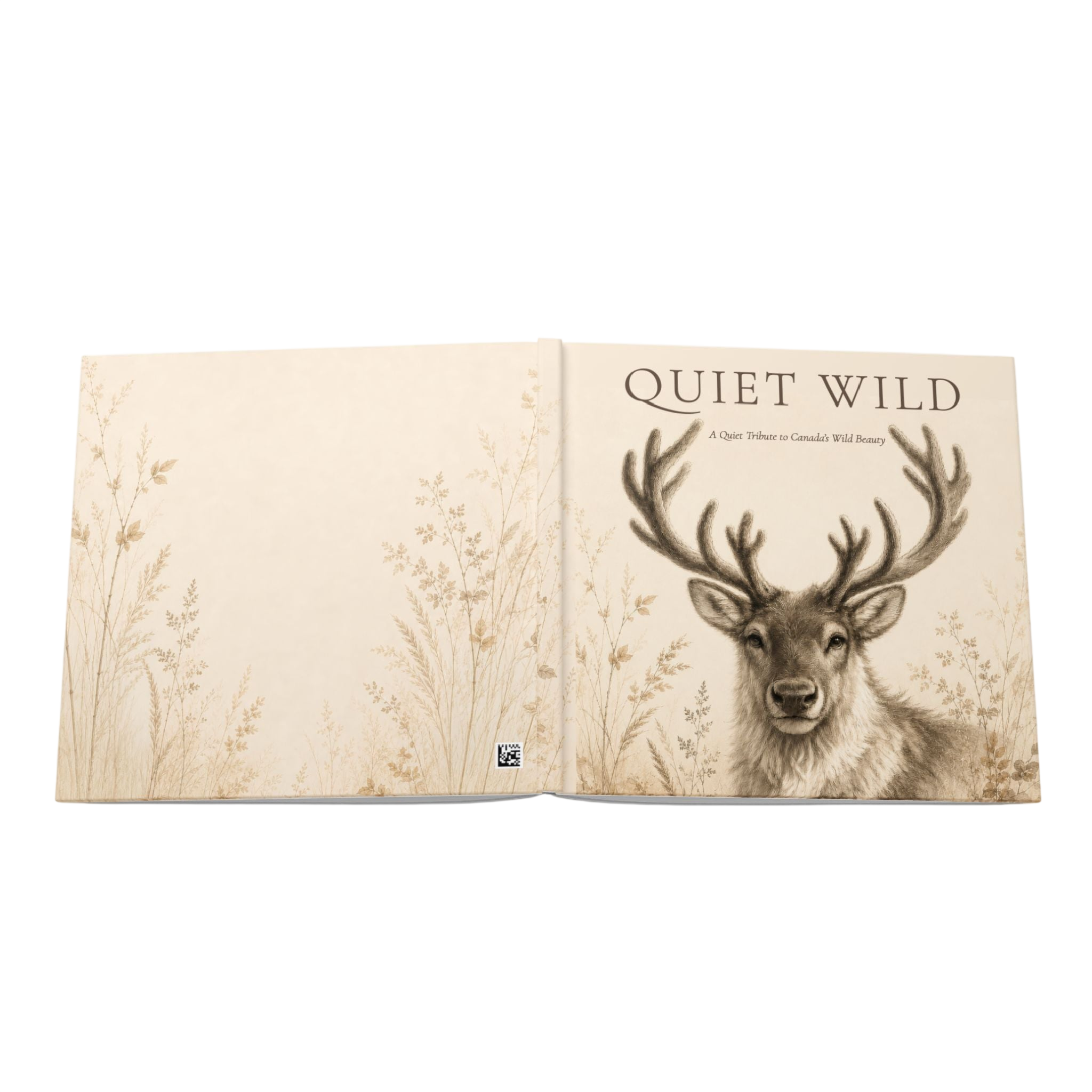 An open book titled 'QUIET WILD' showing a detailed illustration of a deer with antlers on the right page and delicate botanical line art on the left page, set against a plain white background.