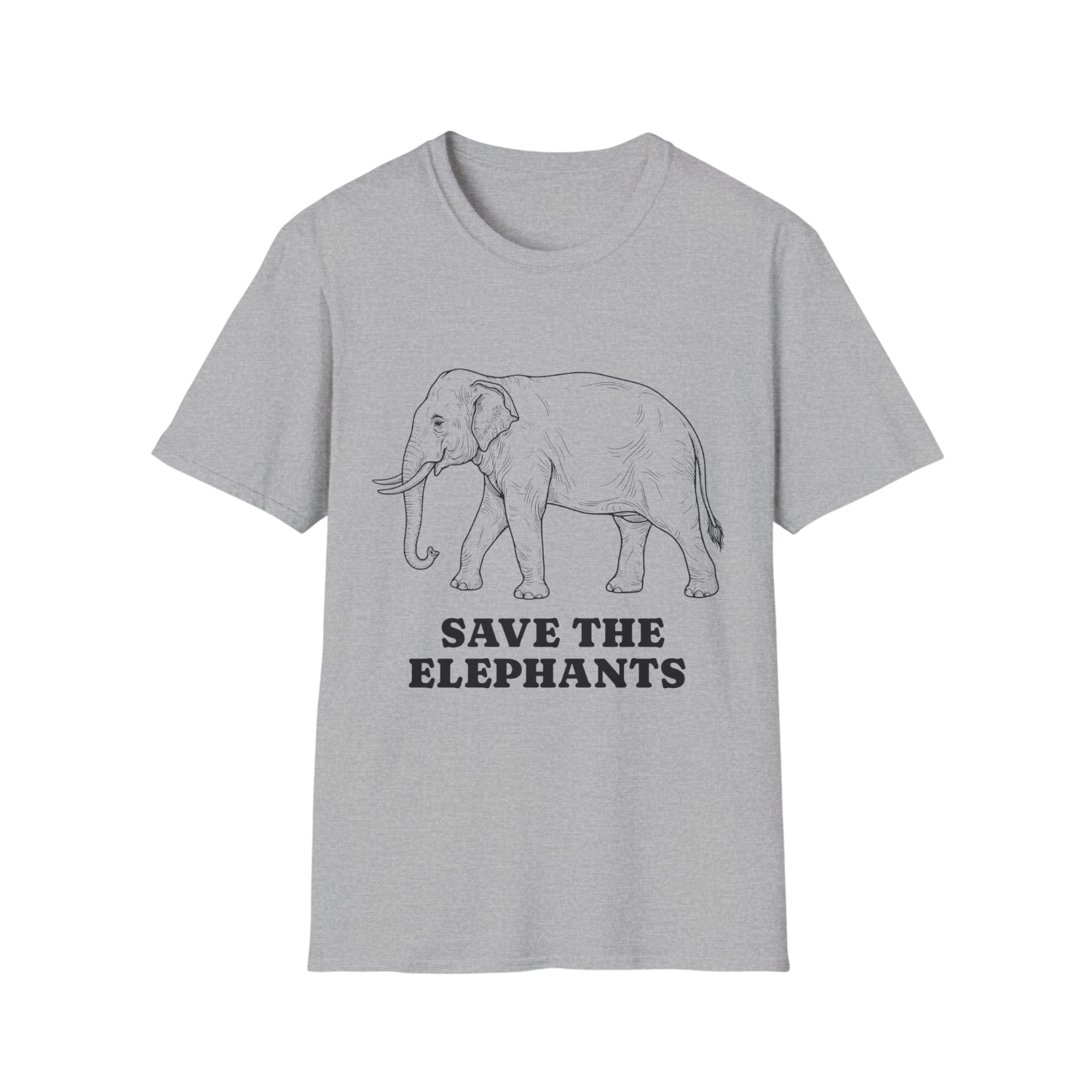 A light gray heather crewneck t-shirt featuring a black line art illustration of an elephant and the text 'SAVE THE ELEPHANTS' printed on the front.