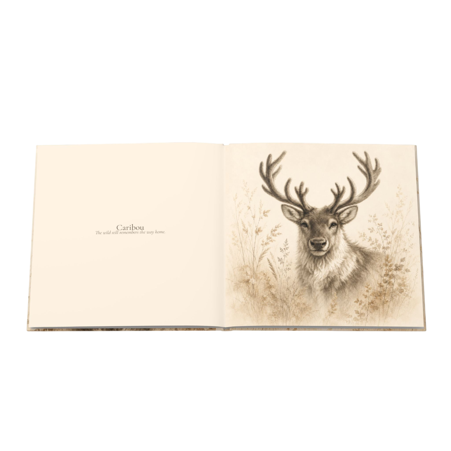 An open book or art print showing a detailed sepia illustration of a stag with antlers on the right page, with the word 'Caribou' and small text on the left page, photographed on a plain white background.