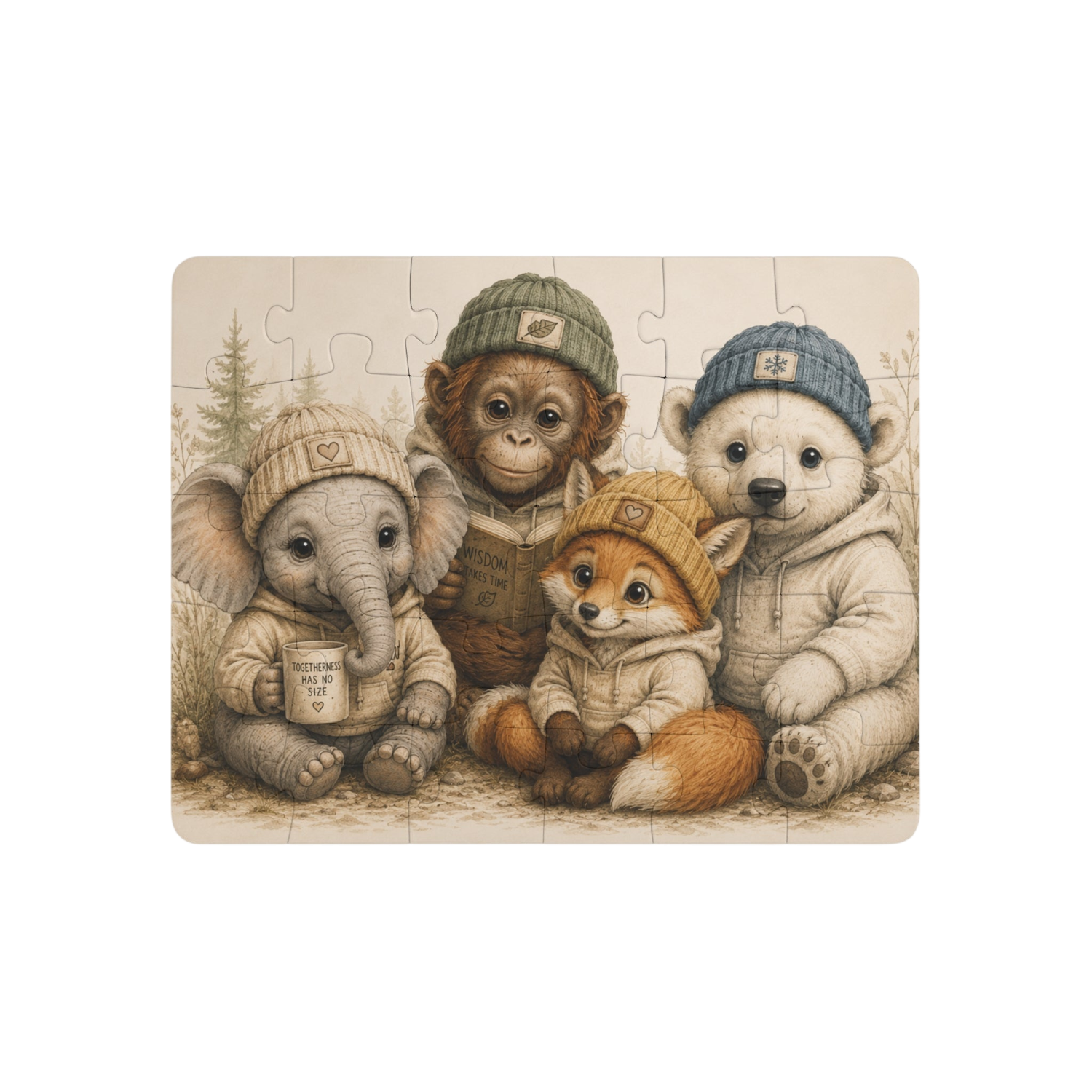 A completed jigsaw puzzle featuring four cute animals wearing winter hats and jackets: an elephant, a monkey, a fox, and a polar bear, shown on a plain white background.