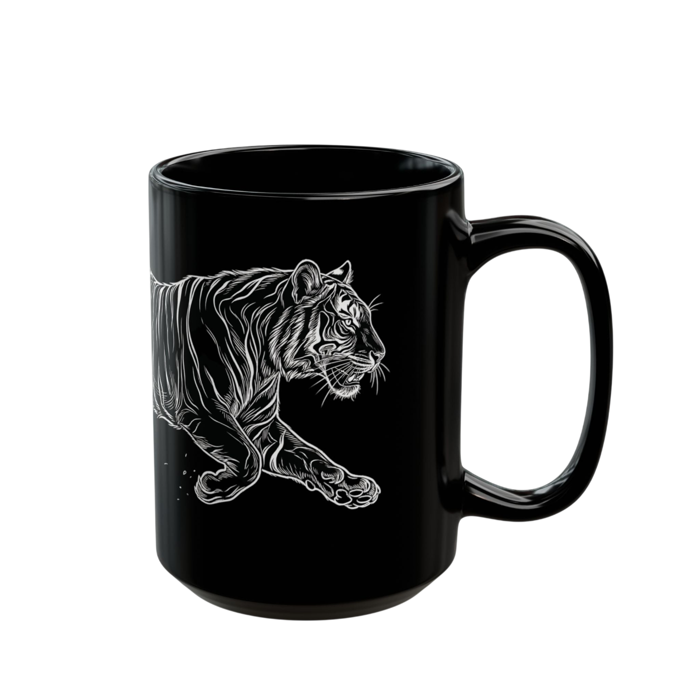 A glossy black ceramic mug featuring a detailed white line art illustration of a tiger in profile, shown against a plain white background.
