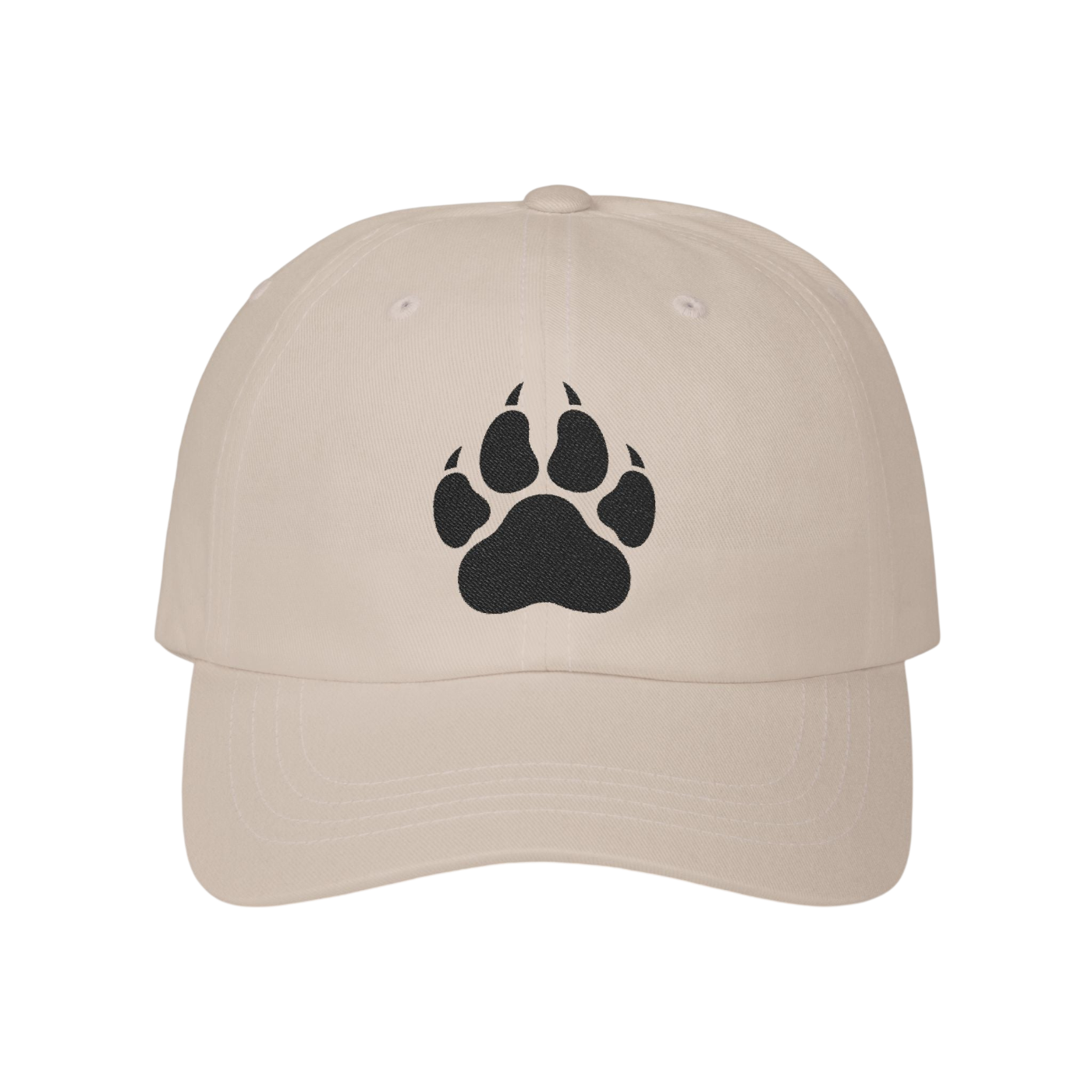 A beige baseball cap featuring a black paw print graphic on the front, displayed against a solid white background.