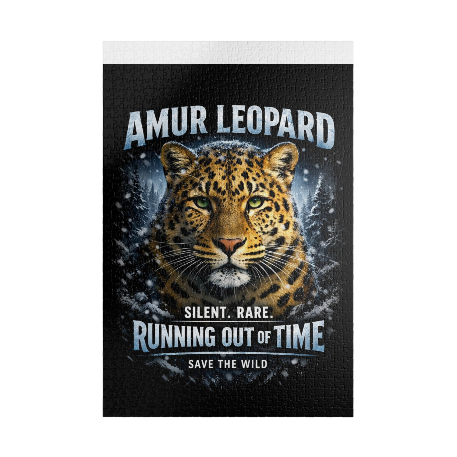 A rectangular canvas print featuring an illustration of an amur leopard in a snowy forest, with text reading 'AMUR LEOPARD', 'SILENT. RARE.