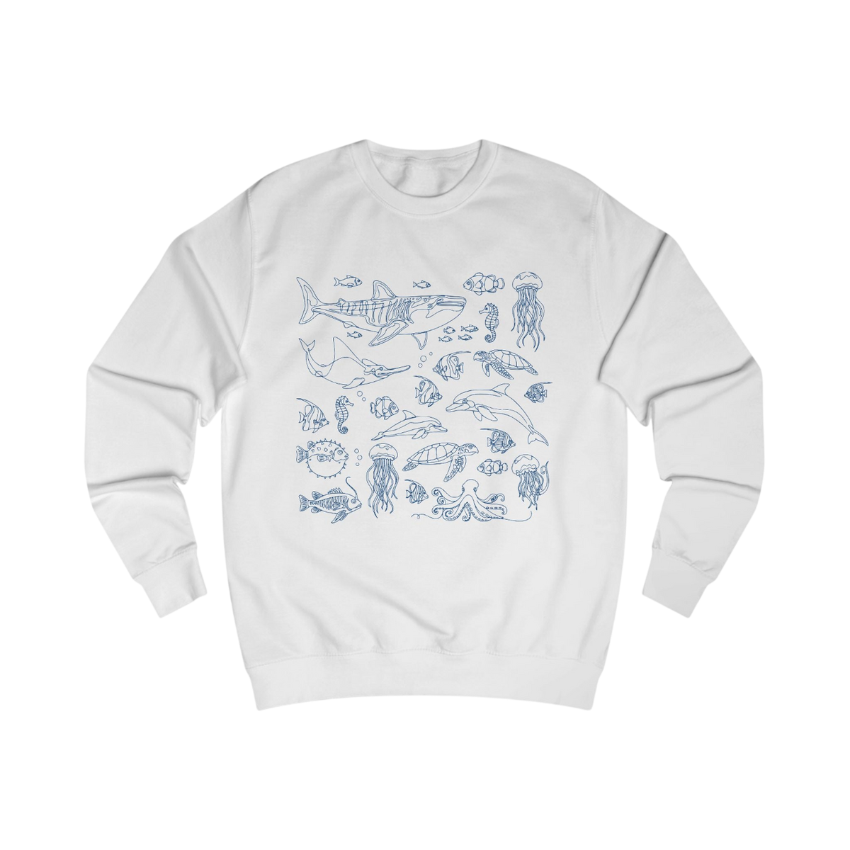 A white crewneck sweatshirt featuring a blue line art graphic of various marine life creatures, including a shark, dolphins, jellyfish, and fish, arranged in a grid pattern on the front.