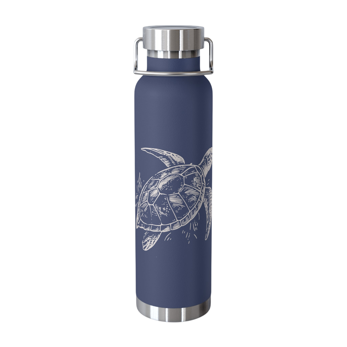 A navy blue insulated water bottle with a white sea turtle illustration on the front, featuring a stainless steel lid with a carrying loop and a silver base, shown on a plain white background.