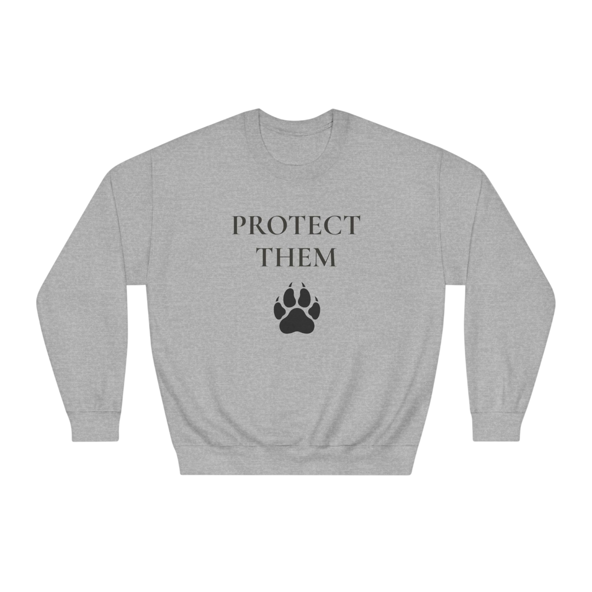A heather gray crewneck sweatshirt with the words 'PROTECT THEM' in black serif font above a black paw print graphic, displayed on a solid white background.