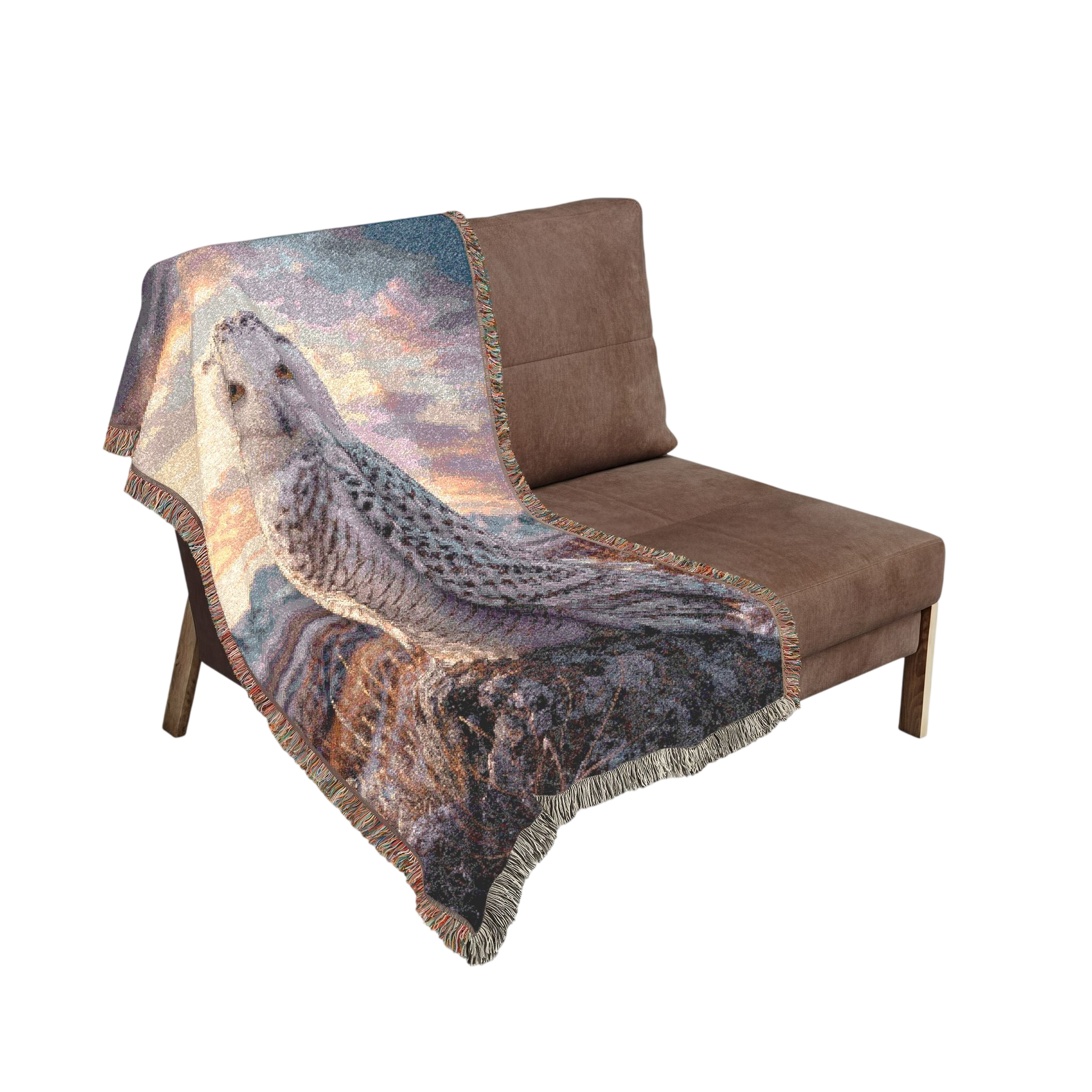 Snowy Owl Woven Blanket – Scenic Sunset 100% Cotton Wildlife Throw