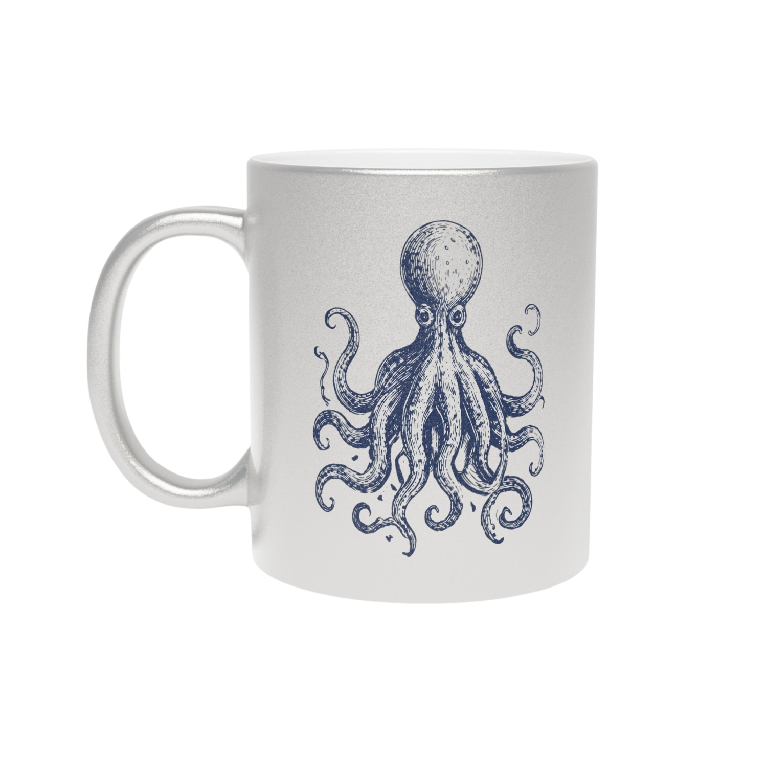 A white ceramic mug with a metallic silver handle and rim, featuring a detailed navy blue octopus illustration printed on the side.