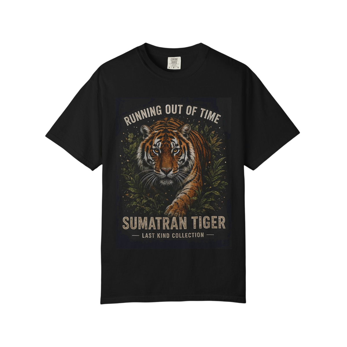 A black short-sleeve crewneck t-shirt featuring a large graphic print of a Sumatran tiger with the text 'RUNNING OUT OF TIME' and 'SUMATRAN TIGER' on a plain white background.