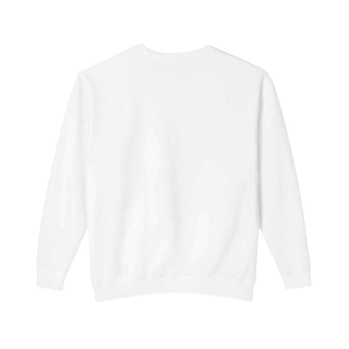 A plain white crewneck sweatshirt shown from the back, laid flat against a solid white background.