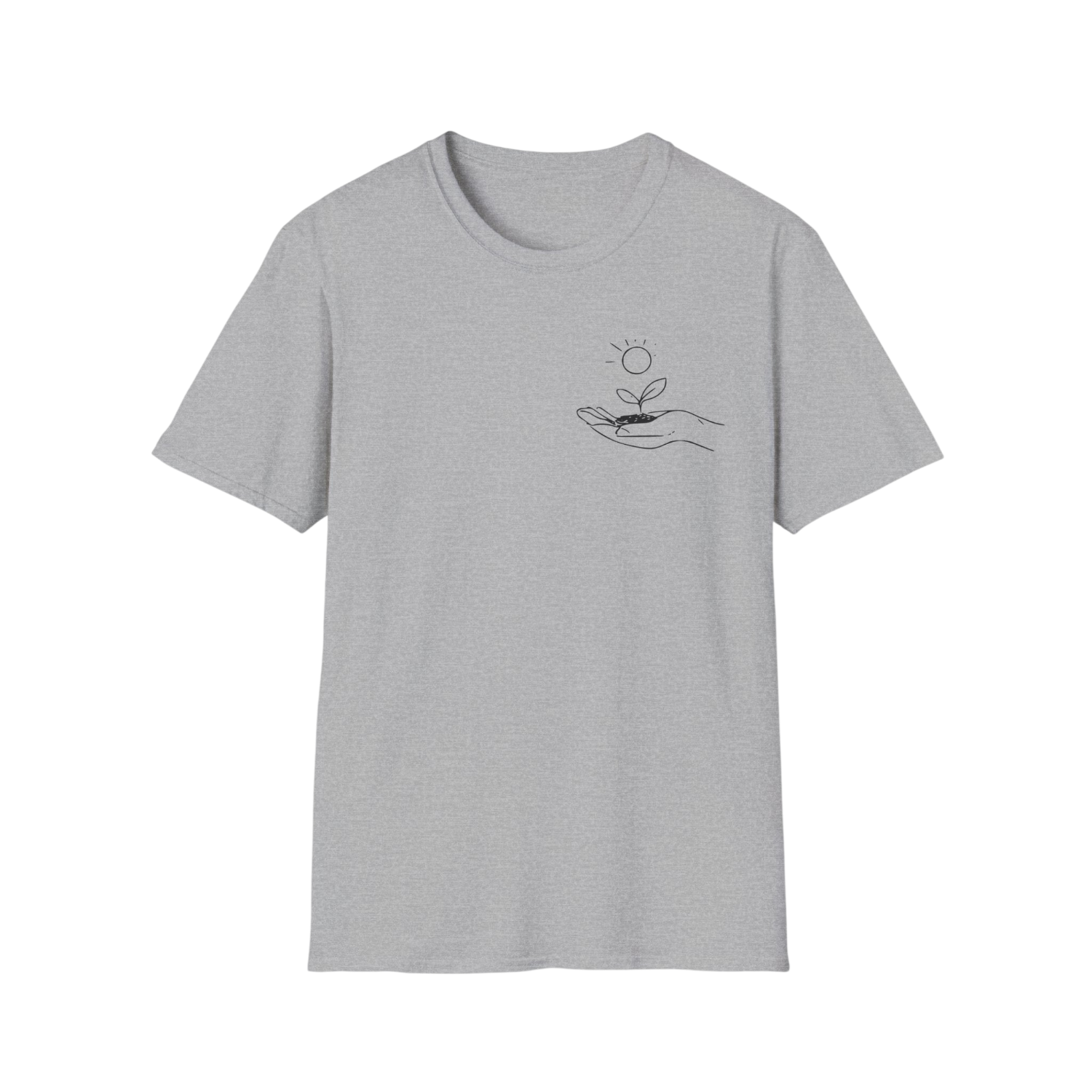 A light gray short-sleeve crewneck t-shirt with a small black line art graphic on the left chest showing a hand holding a sprout under a sun.