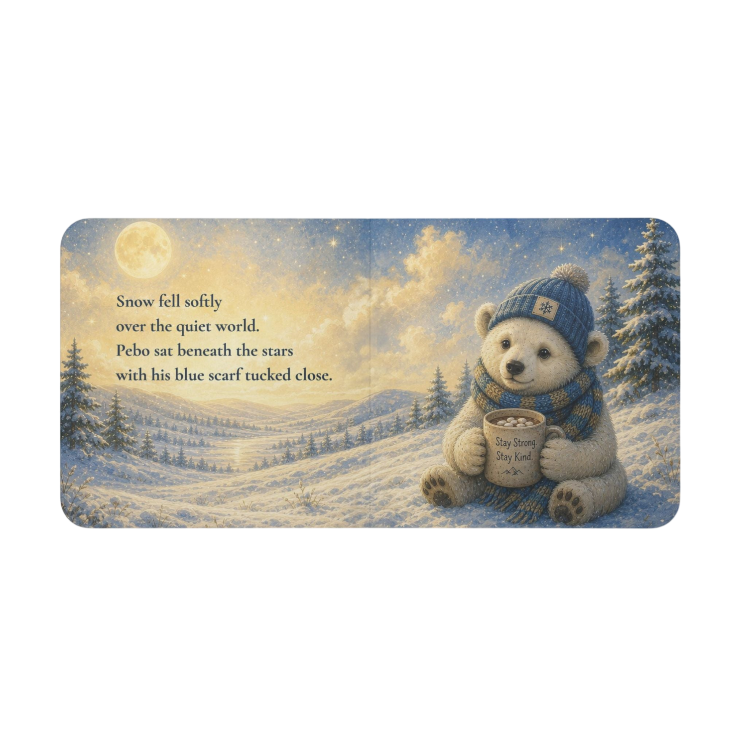 A rectangular art print or book cover featuring a snowy winter landscape with a bear wearing a blue knit hat and scarf, holding a cup. The left side includes a poem about snow falling in the quiet world.