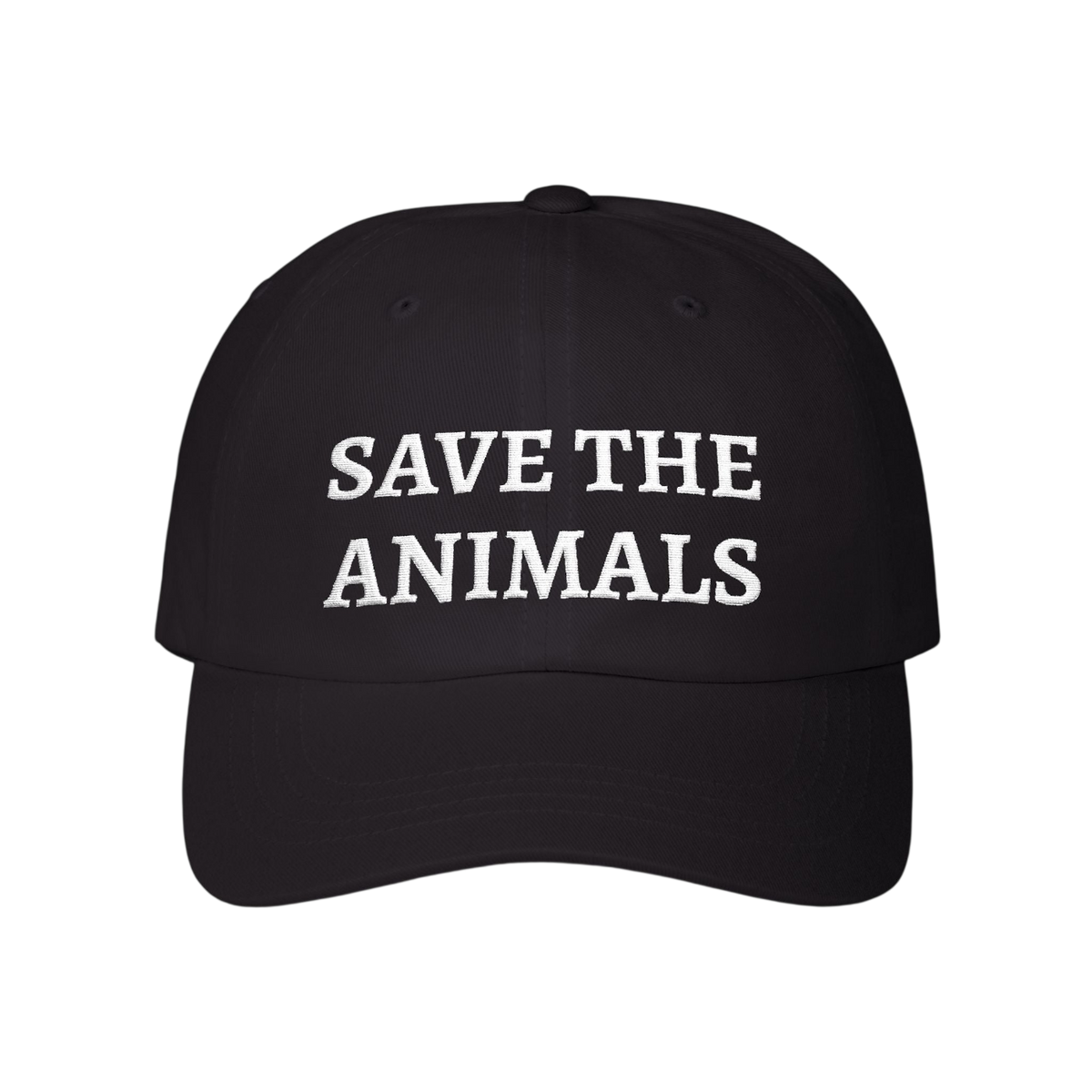 A black baseball cap with 'SAVE THE ANIMALS' embroidered in white capital letters on the front, shown against a plain white background.