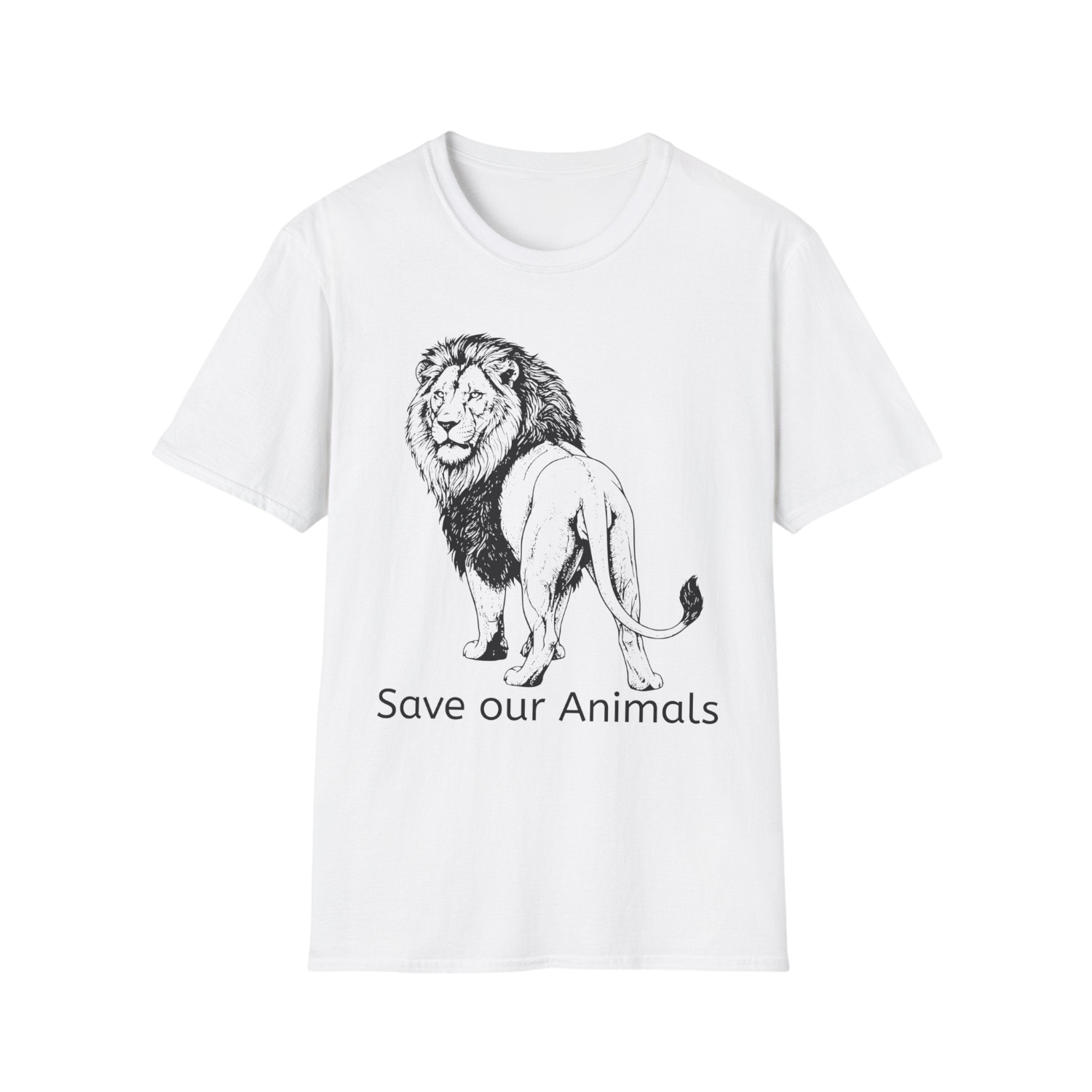 A white short-sleeve crewneck t-shirt featuring a black line art illustration of a lion and the text 'Save our Animals' printed on the front, displayed against a solid white background.