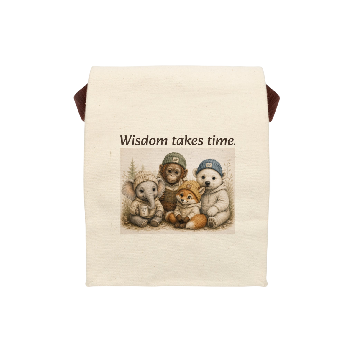 An off-white canvas tote bag with dark brown handles, featuring a printed illustration of four cute animals (a mouse, a monkey, a bear, and a polar bear) wearing caps, with the text 'Wisdom takes time.' printed above them.