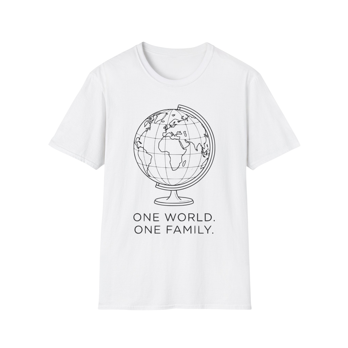 A white short-sleeve crewneck t-shirt featuring a black line art graphic of a globe and the text 'ONE WORLD. ONE FAMILY.