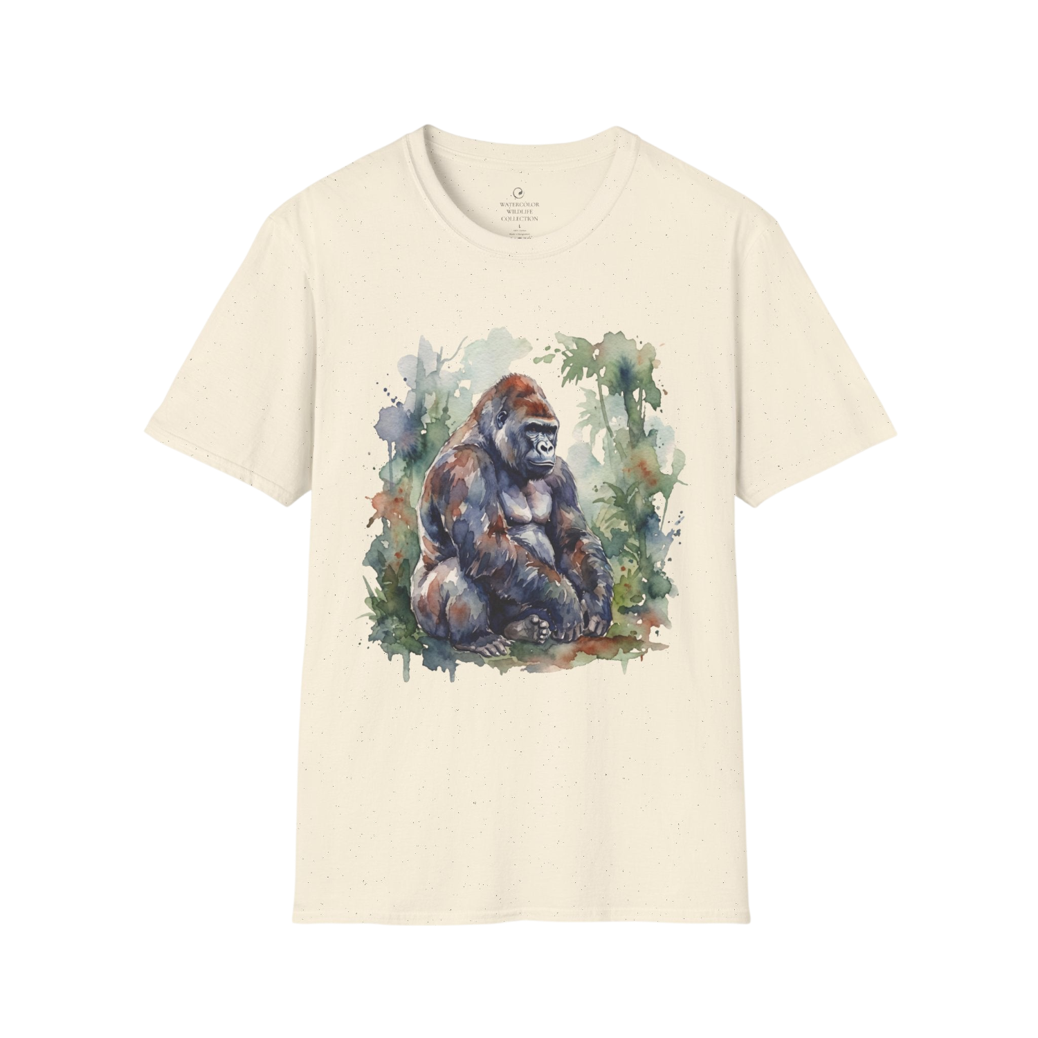 An off-white short-sleeve crewneck t-shirt featuring a watercolor-style graphic of a seated gorilla surrounded by green foliage on the front.