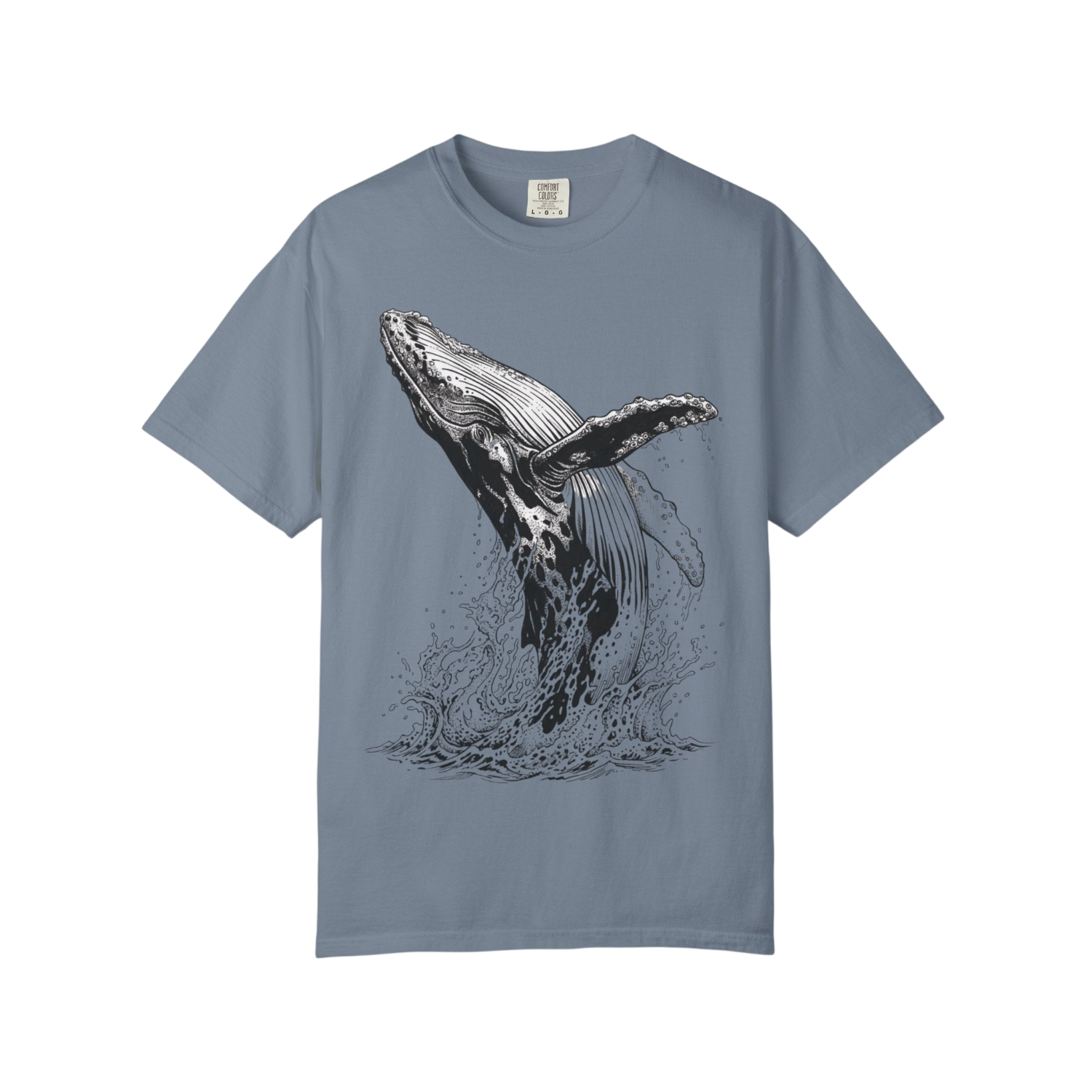 A slate blue short-sleeve crewneck t-shirt featuring a detailed black and white graphic of a humpback whale breaching, displayed on a clean white background.