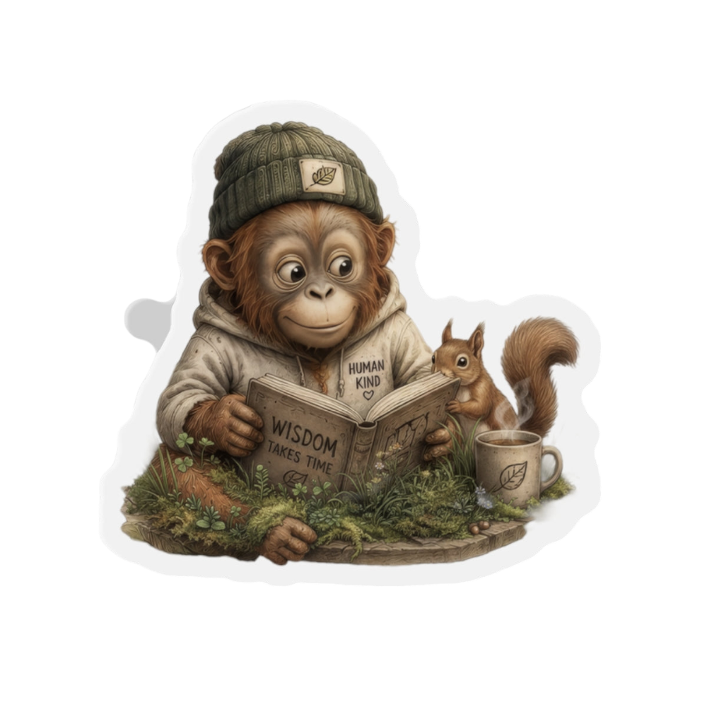 A die-cut sticker featuring an illustration of a monkey wearing a green beanie and white hoodie, reading a book with a small squirrel and a mug beside it, shown on a plain white background.