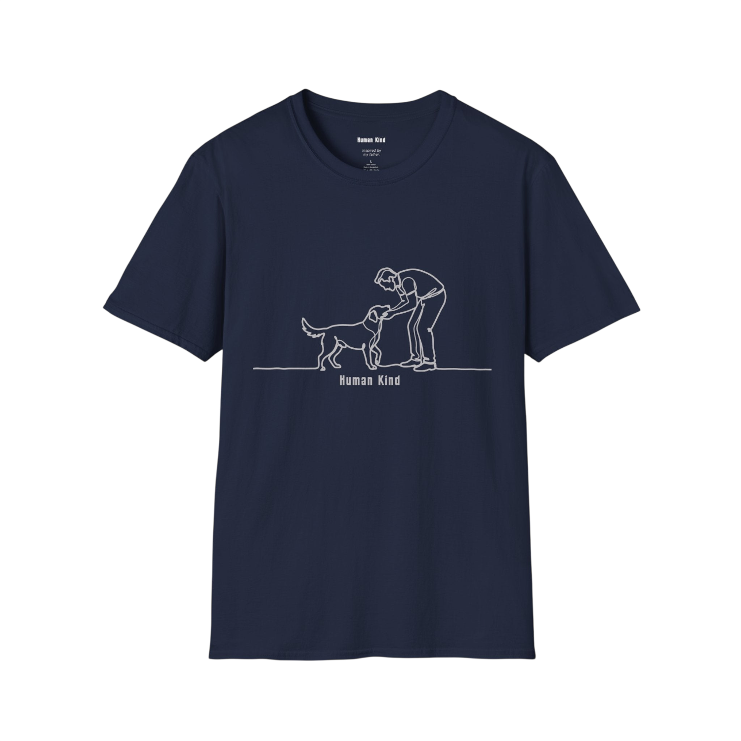 A navy blue short-sleeve crewneck t-shirt with a white line art graphic of a person and a dog on the chest, with the text 'Human Kind' printed below the graphic.