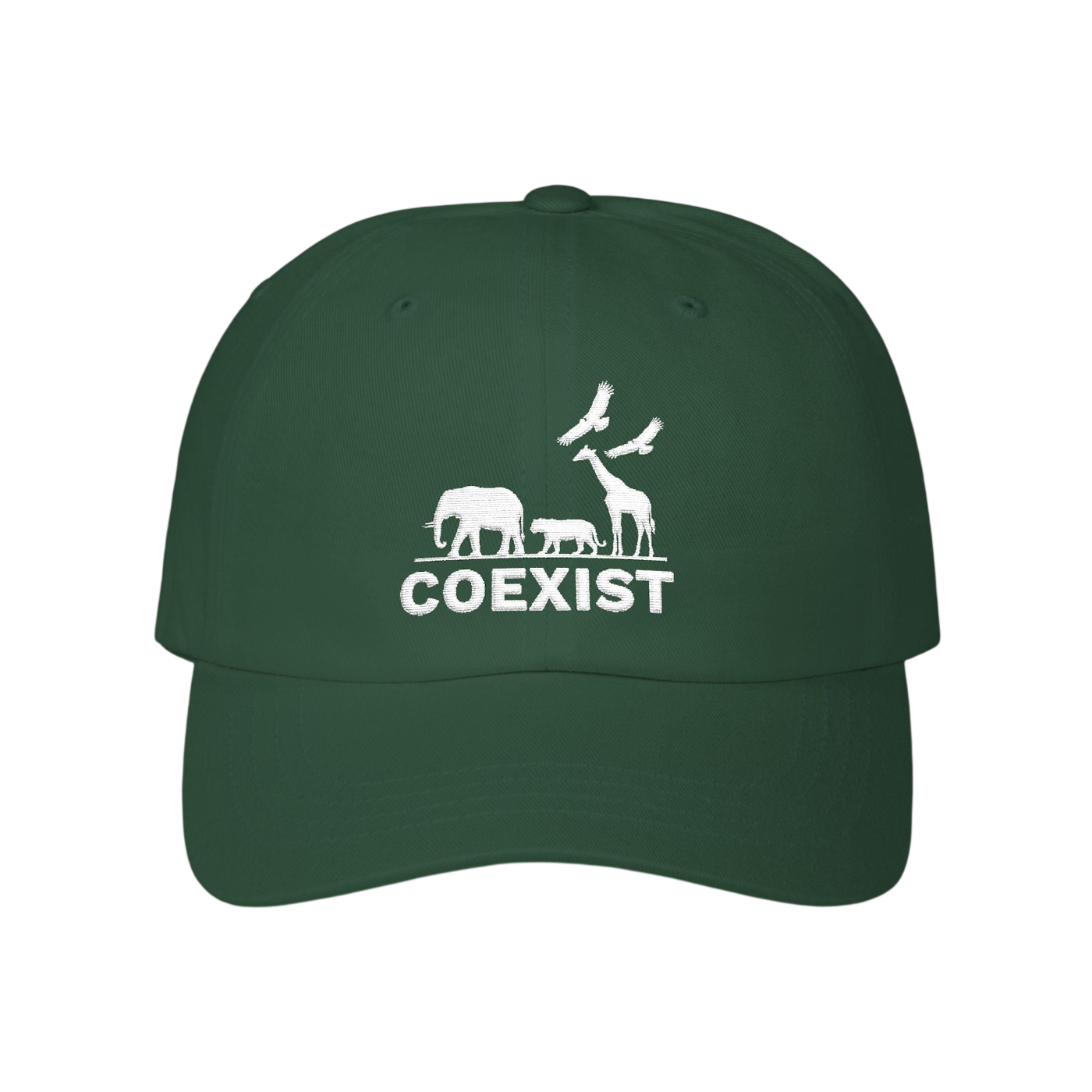 A dark green baseball cap with a white graphic print on the front showing an elephant, giraffe, and bird above the word 'COEXIST'.