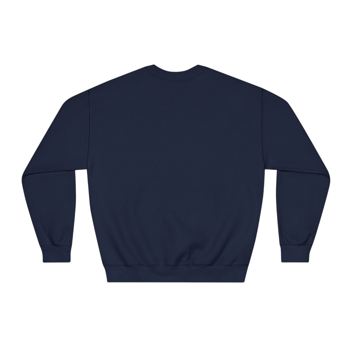 A navy blue crewneck sweatshirt shown from the back, laid flat against a solid white background.