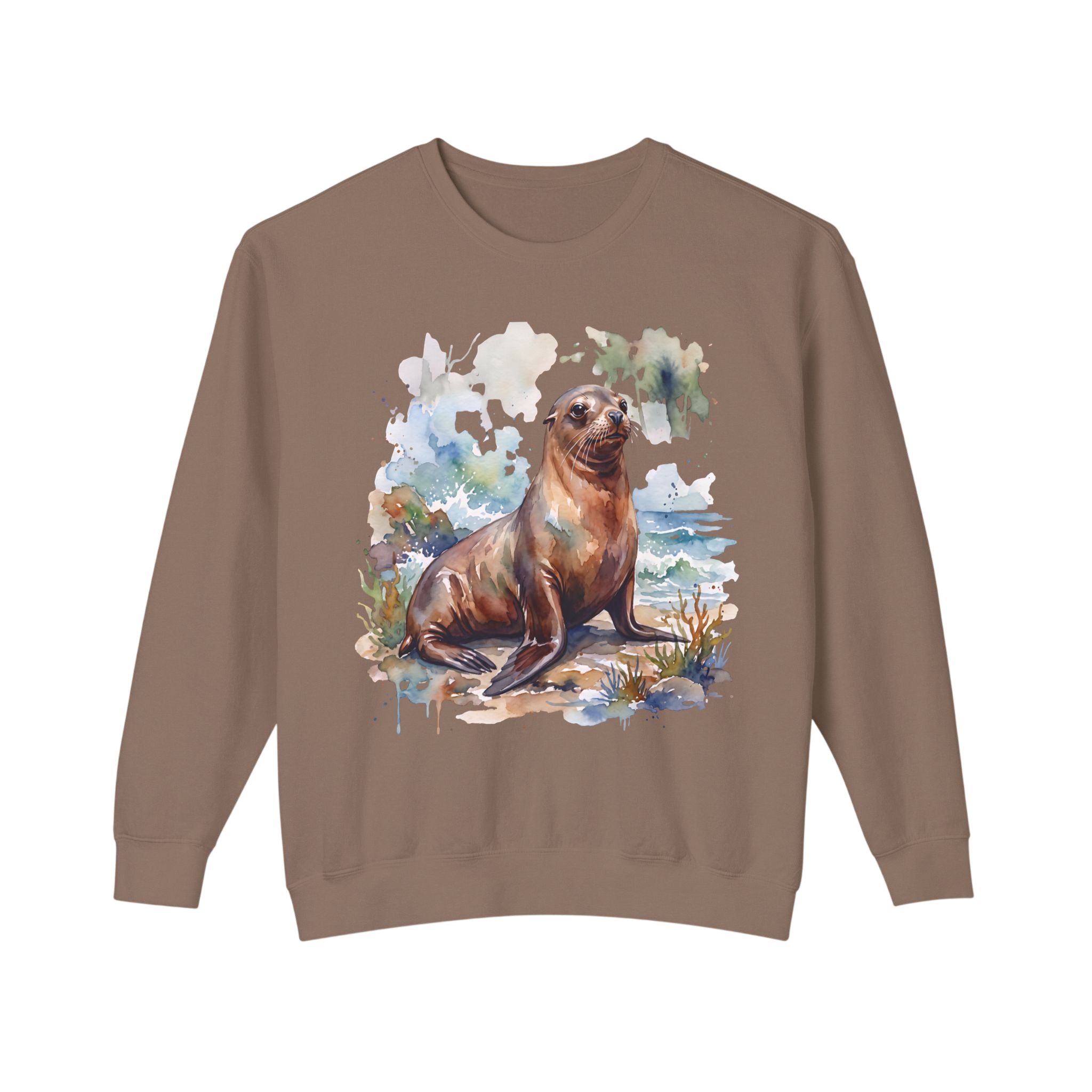 Sea Lion Watercolor Crewneck Sweatshirt — Espresso Coastal Animal Lover Pullover