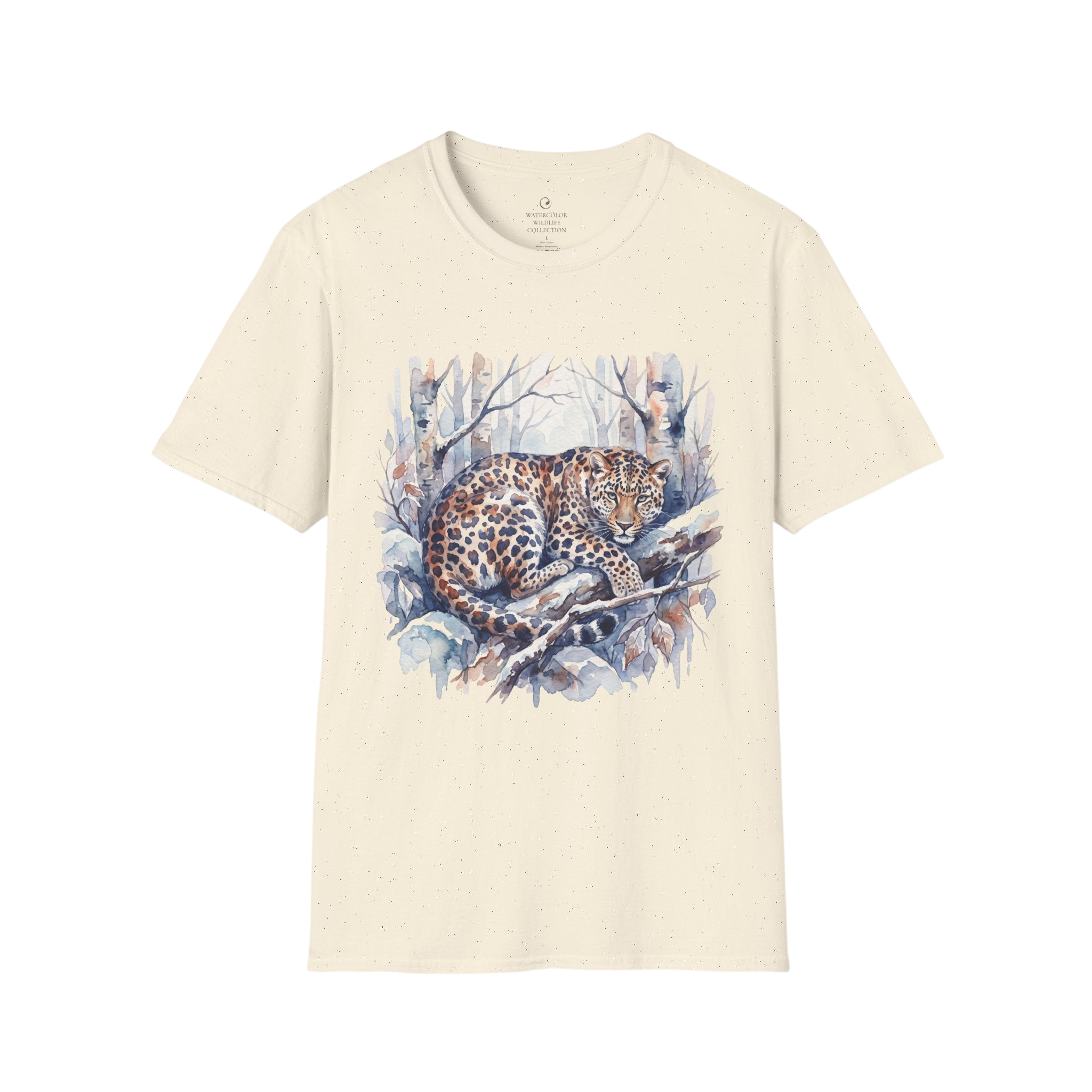 Leopard in Winter Forest T-Shirt — Watercolor Snow Leopard Graphic Tee