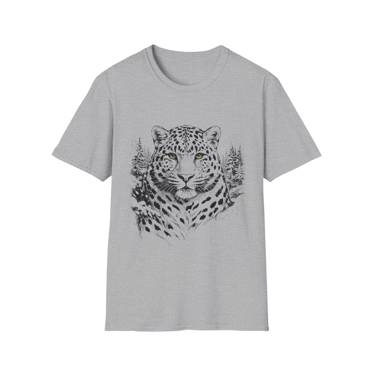 A light gray short-sleeve crewneck t-shirt featuring a detailed black and white graphic print of a leopard's head with pine trees on the front, displayed on a solid white background.
