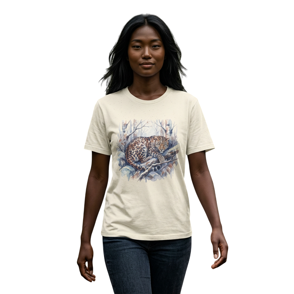 Leopard in Winter Forest Graphic T-Shirt on 100% cotton