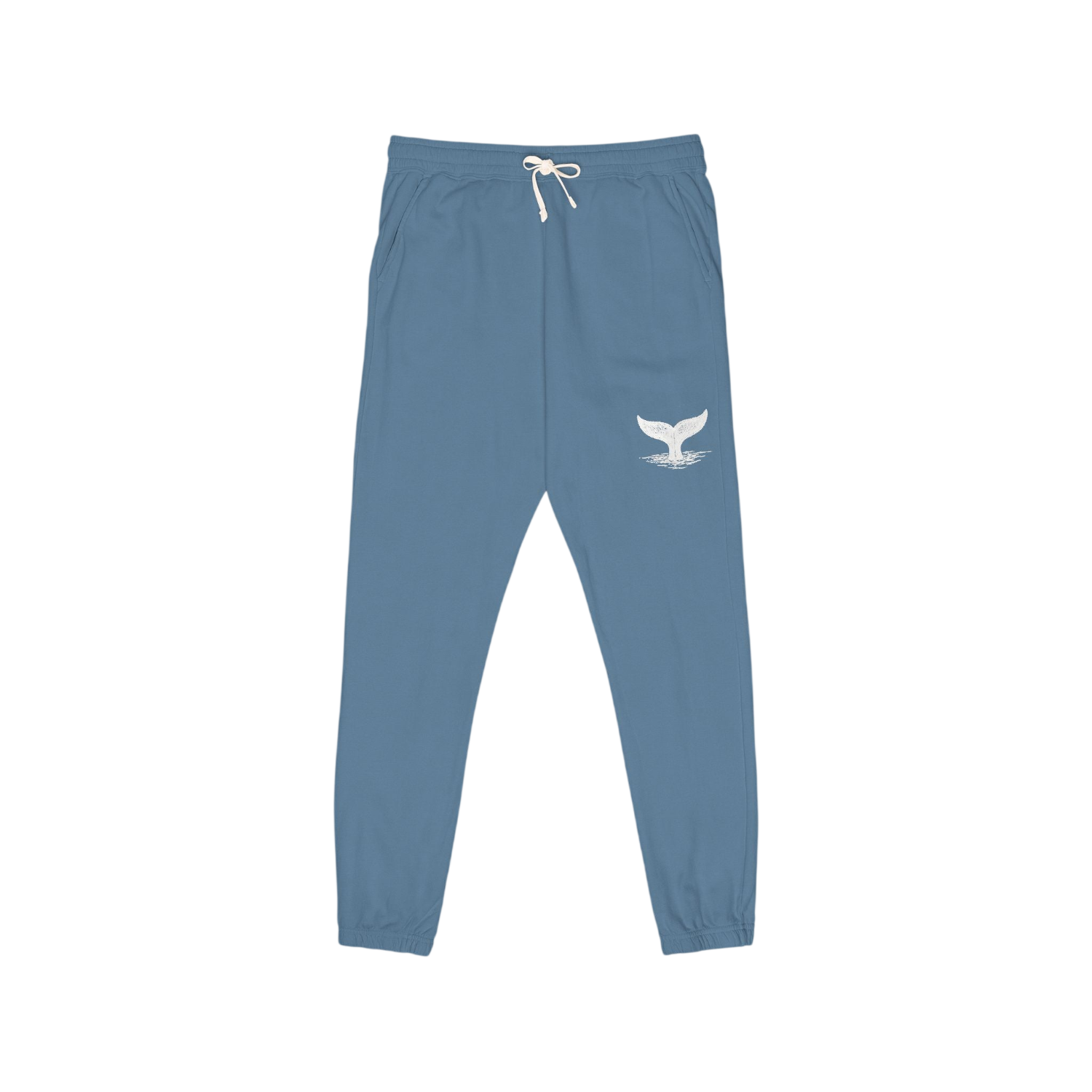 A pair of dusty blue sweatpants with a white whale tail graphic on the upper left leg and a white drawstring at the waist, shown against a plain white background.