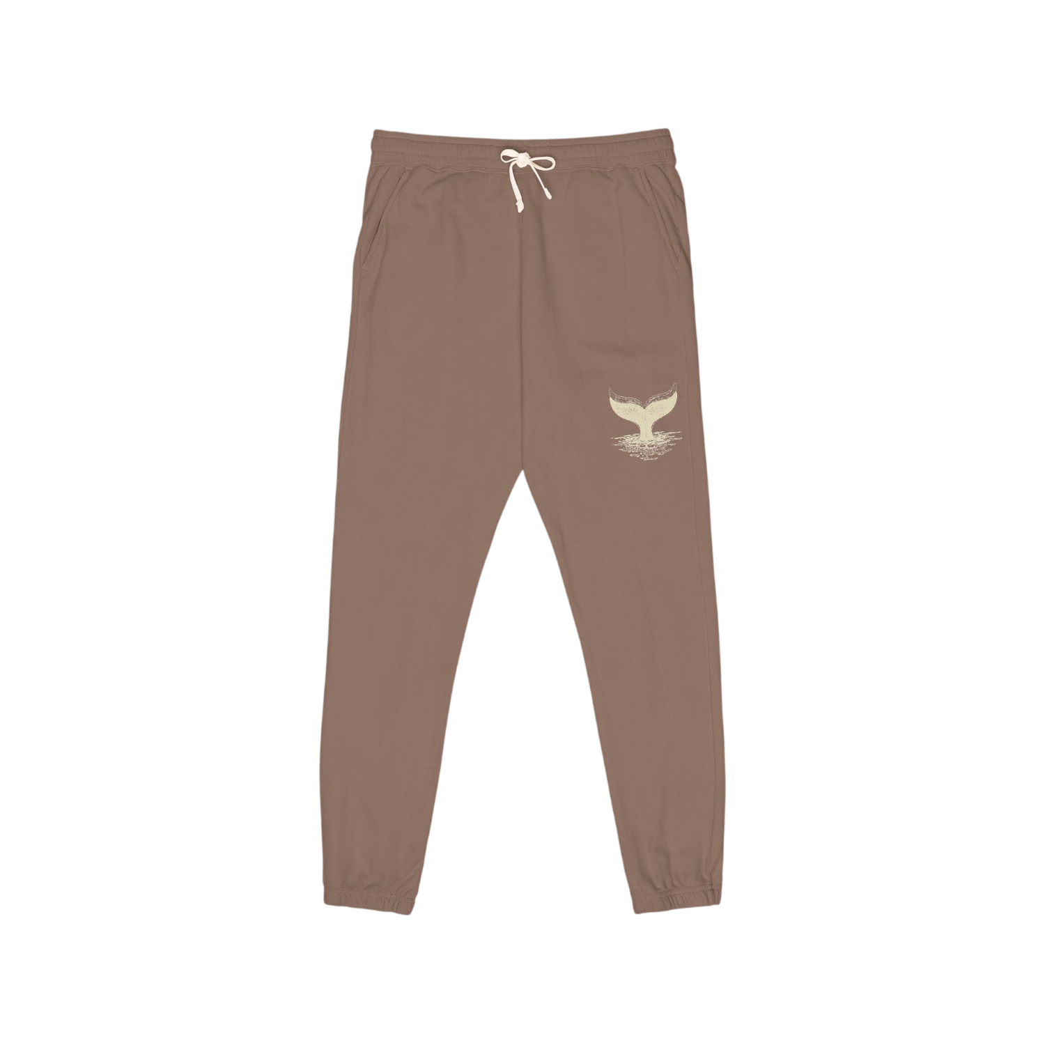 A pair of brown jogger pants with a white drawstring and a small white whale tail graphic on the left thigh, shown against a plain white background.
