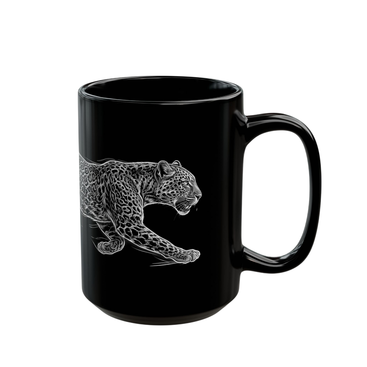 A glossy black ceramic mug featuring a detailed white line art illustration of a leopard in profile, shown against a plain white background.